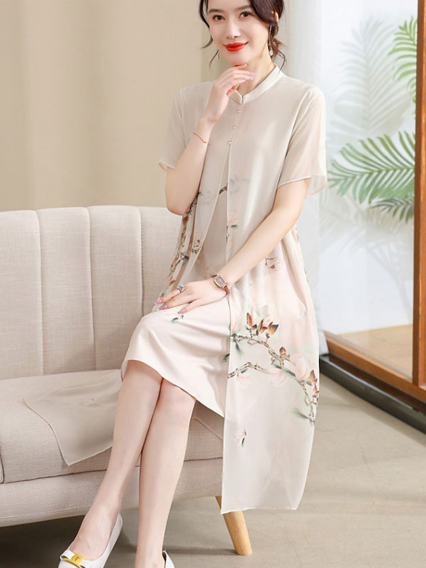 Elegant Beige & Pink Floral Print Chiffon Qipao Cheongsam Dress for Women - Vintage Chinese Style Mother's Day Gift, Wedding Guest Outfit & Special Occasion Wear