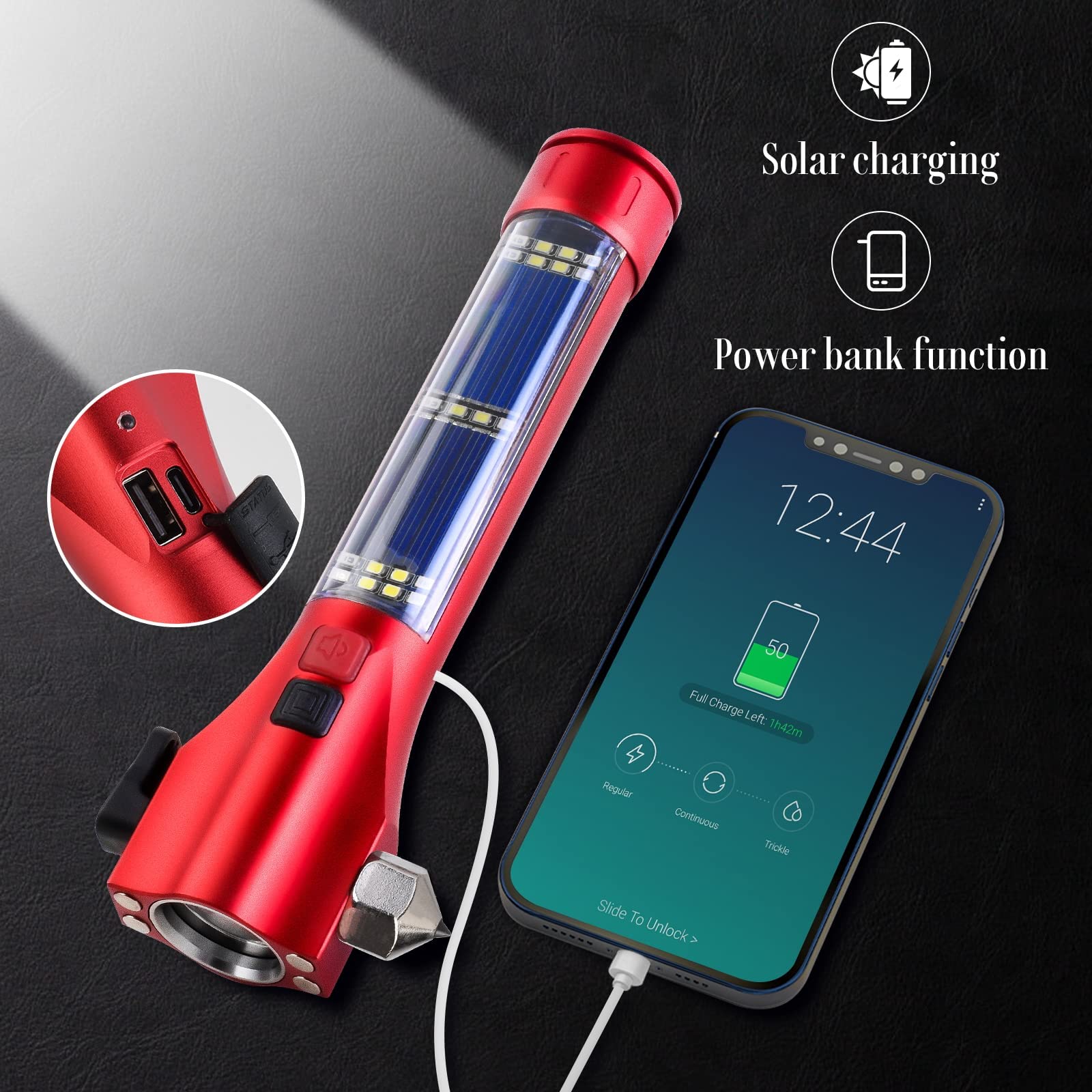 Multifunctional Solar-Powered Emergency Flashlight - Waterproof LED Car Flashlight with Window Breaker & Seatbelt Cutter | Rechargeable for Outdoor, Camping, Hiking & Emergency Preparedness
