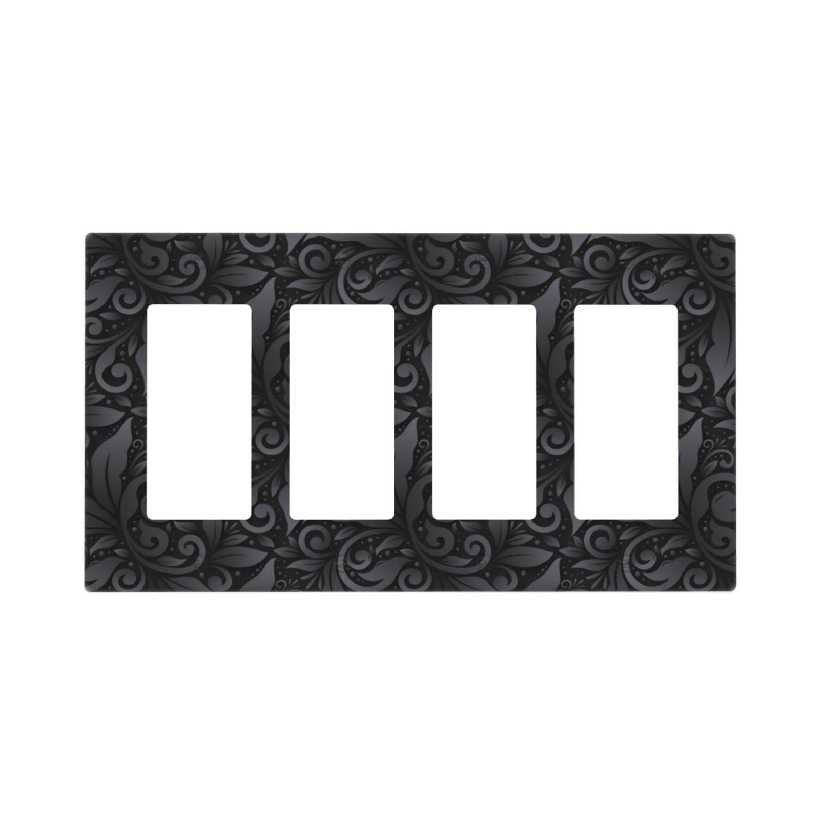 3D Floral Light Switch Cover - Black Decorative Wall Plate 4 Gang Quad Rocker, Standard Size 4.5 x 8 Inch - Farmhouse Bedroom Decor, Electrical Outlet Cover for Home, Office & Living Room