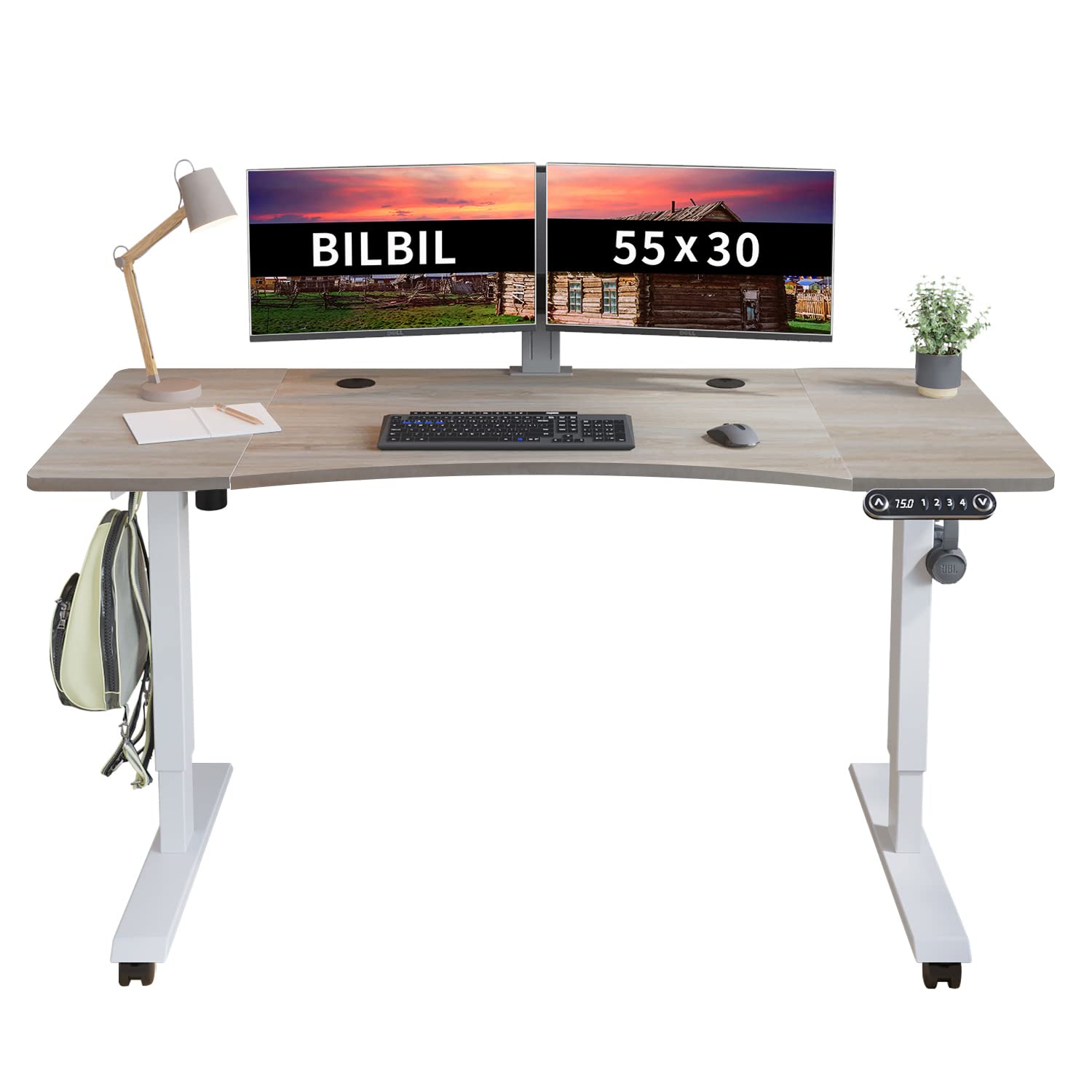 Bilbil Electric Standing Desk 55 x 30 Inches - Height Adjustable Sit Stand Desk with Splice Board, Brake Casters, White Frame & Oak Top - Perfect for Home Office, Gaming, and Workspace Ergonomics