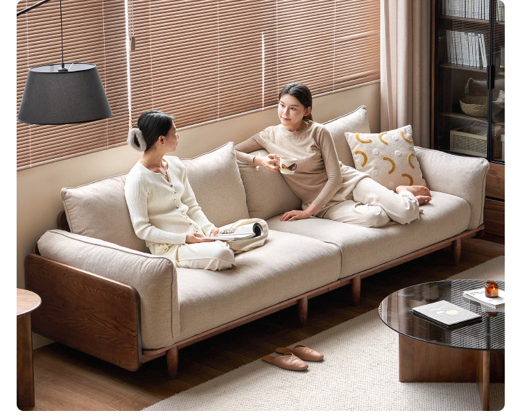 Oak Solid Wood Leather & Fabric Straight Sofa - Durable Modern Living Room Furniture for Home & Office