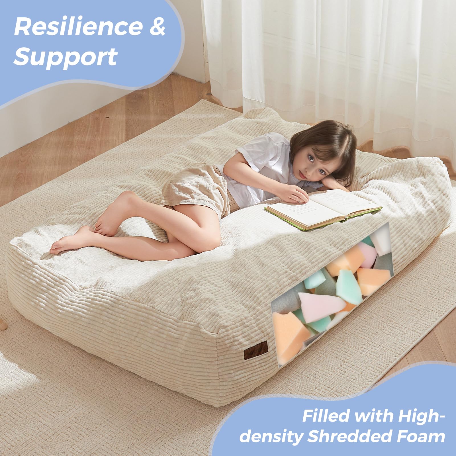 MAXYOYO Kids Corduroy Bean Bag Chair Bed - Convertible Floor Mattress & Lounge Chair for Boys & Girls, Soft Beige | Perfect for Playroom, Bedroom & Dorm Room