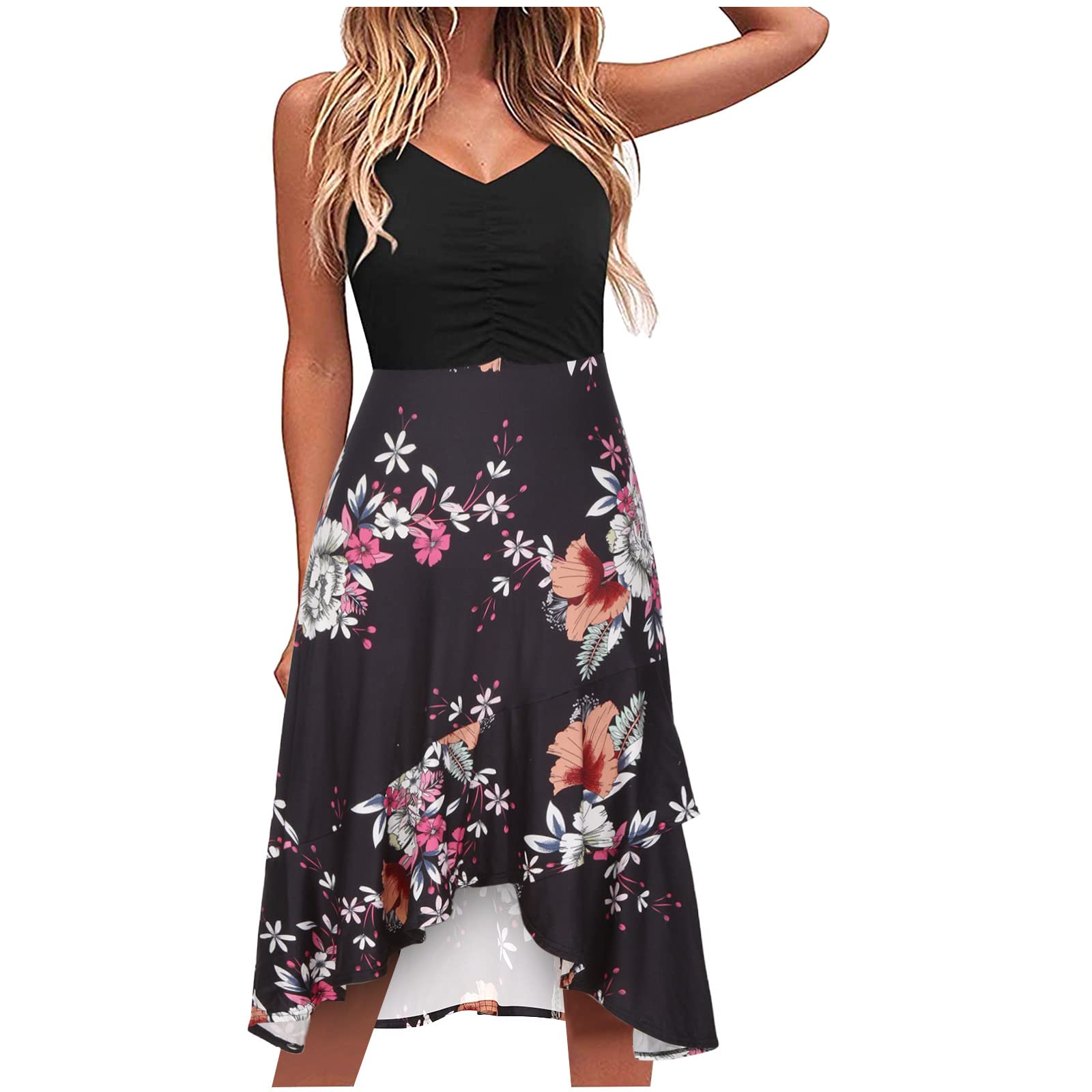 Women's Summer Dresses 2022 - Flowy V-Neck Sleeveless Casual Beach Dress with Floral Print, Fit and Flare Knee-Length Sundress for Vacation, Party & Outdoor Activities
