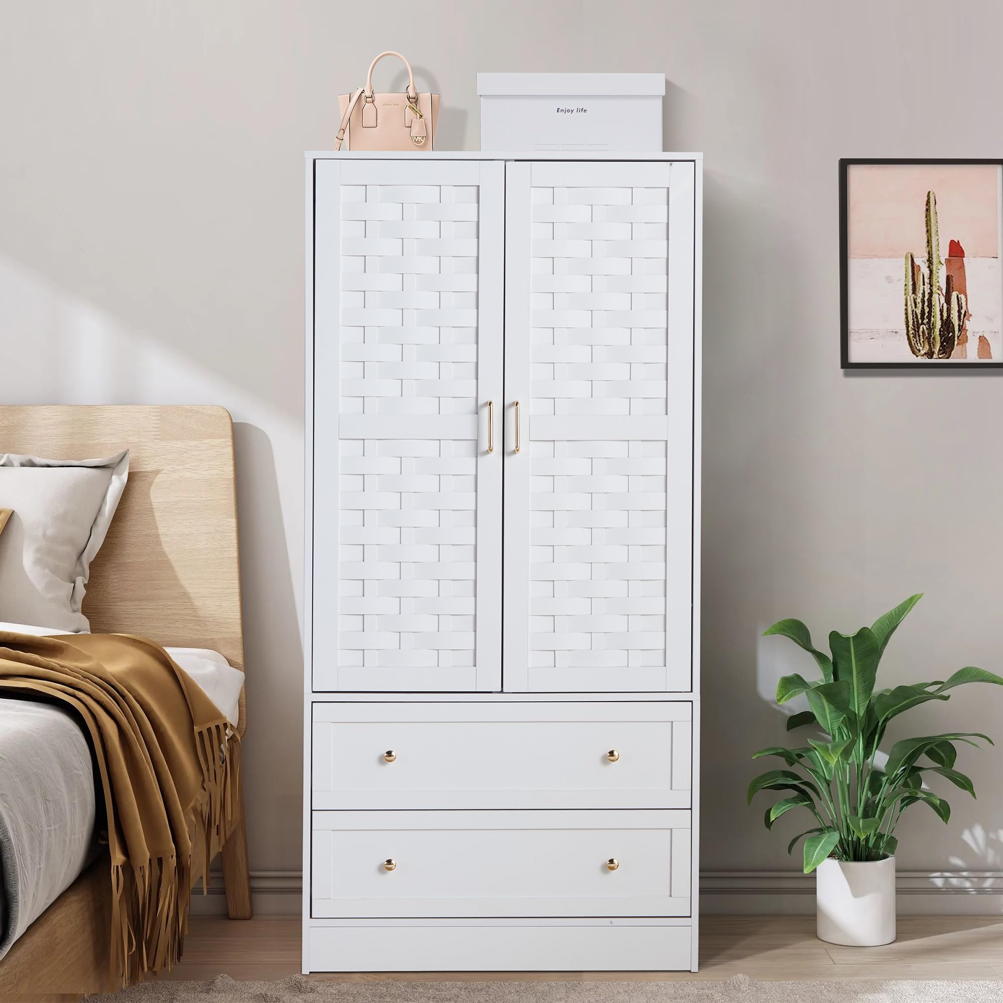 LEVNARY White Wooden Armoire Wardrobe Closet - Freestanding Storage Cabinet with 2 Woven Doors, 2 Drawers & Hanging Rail for Bedroom Organization | Perfect for Small Spaces, Guest Rooms & Apartment Living