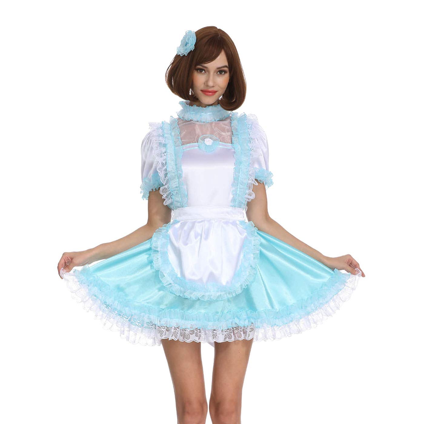 Elegant Pale Blue & White Satin Maid Dress with Ruffled Sleeves - Women's Crossdress Costume for Cosplay, Halloween, and Themed Parties
