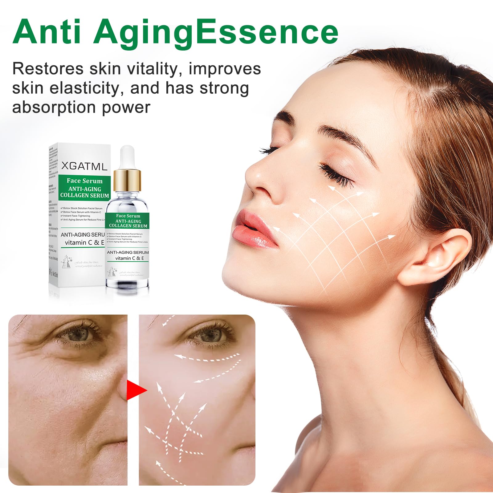 XGATML Vitamin C & E Face Serum - Anti-Aging Facial Treatment for Wrinkles, Skin Tightening & Collagen Boost | Plumping Serum for Youthful Glow | Day & Night Skincare Routine