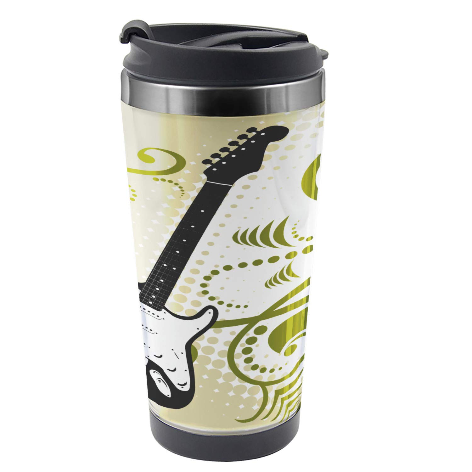 Ambesonne 16 oz Stainless Steel Travel Mug with Electric Bass Guitar Design - Olive Green, White & Black - Insulated Thermal Cup for Hot & Cold Drinks - Perfect for Musicians, Coffee Lovers & Commuters