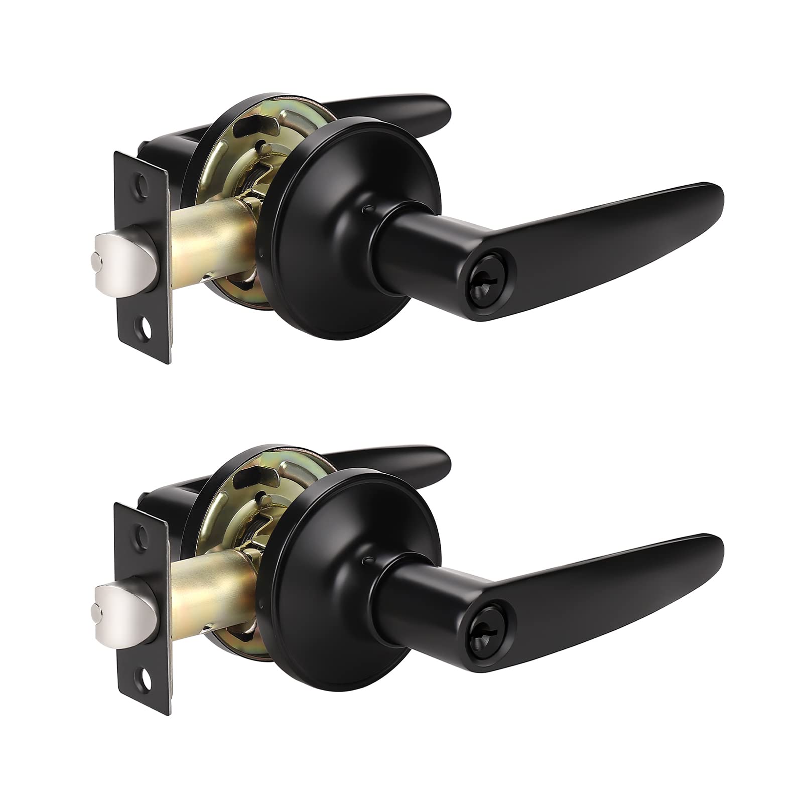 KNOBWELL 2 Pack Matte Black Exterior Door Handle Set - Keyed Alike Entry Lever Handles with One Keyway for Front Doors, Gates & Home Security - Durable & Stylish Hardware for Modern Homes