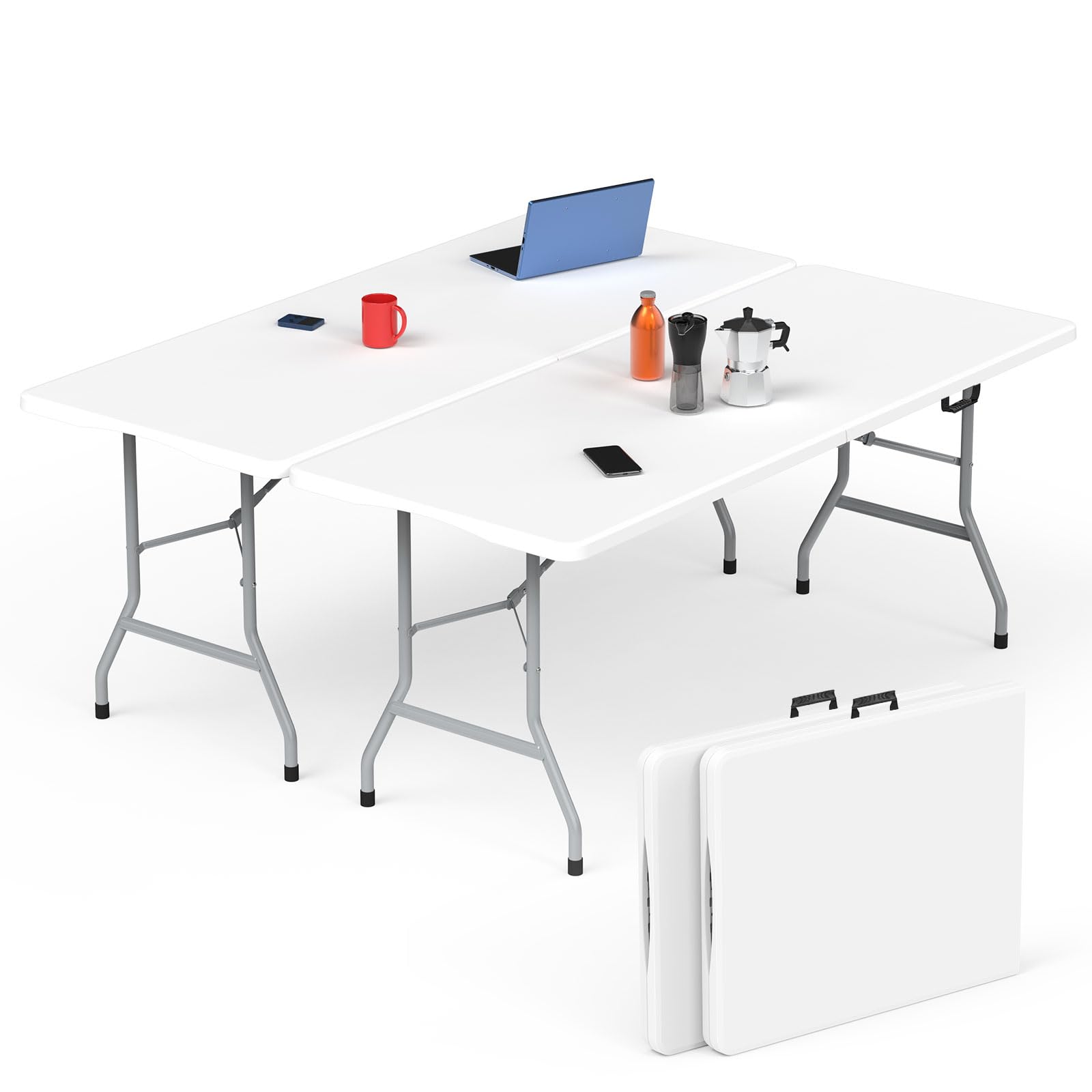 HLPB 6 ft Folding Picnic Table Set of 2 - Portable Camping Tables with Carry Handle & Safety Locks - Lightweight Plastic Foldable Dining Tables for Indoor Outdoor Use - Perfect for Camping, Picnics, BBQs, Tailgating & Backyard Parties
