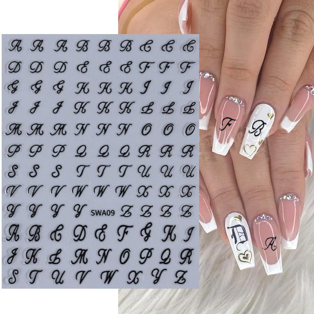 3D Old English Letter Nail Stickers - 8 Sheets Gold Silver Black White Retro Nail Decals for Women & Girls Manicure