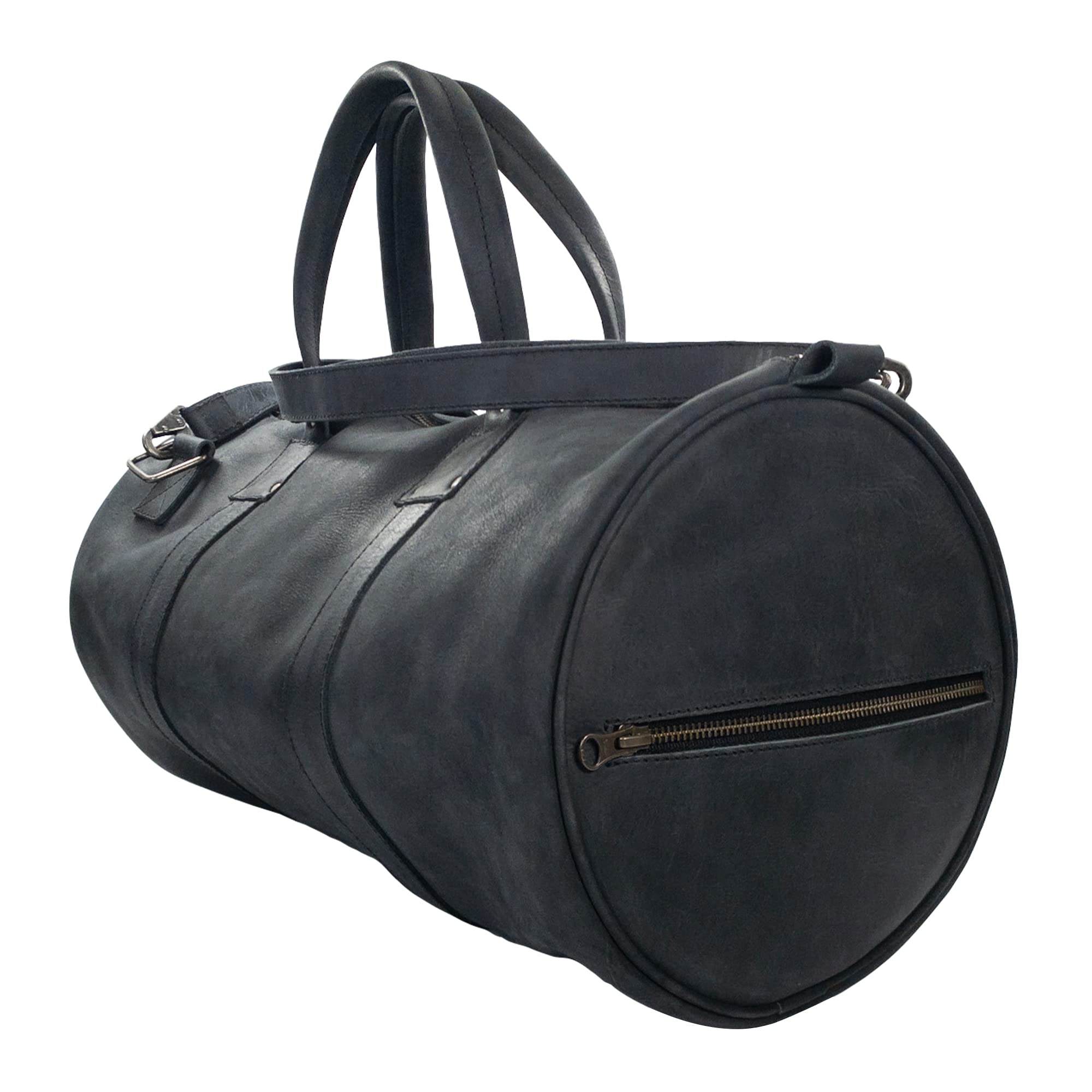 Premium Full Grain Leather Luggage Duffle Bag with Detachable Shoulder Strap - Handmade Travel & Messenger Bag with Inner Keyring Holder (Charcoal Black) - Perfect for Business Trips, Gym & Weekend Getaways