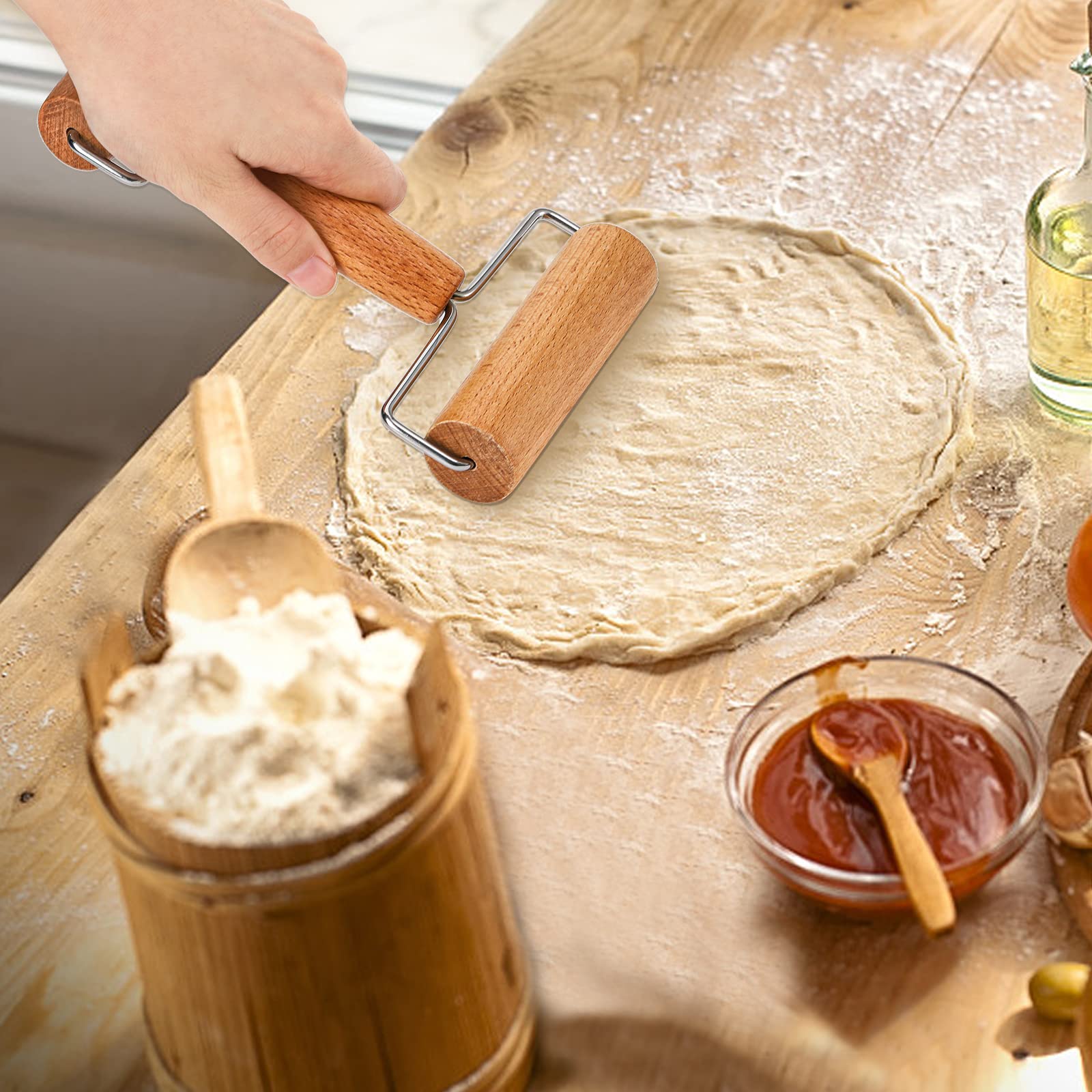 Hiceeden Set of 2 Stainless Steel Pizza Dough Roller & Dough Docker - Wooden Rolling Pin for Perfect Pizza, Cookies, Pies, Pastries & Bread Crust | Ideal for Home Baking, Restaurant & Commercial Kitchen Use
