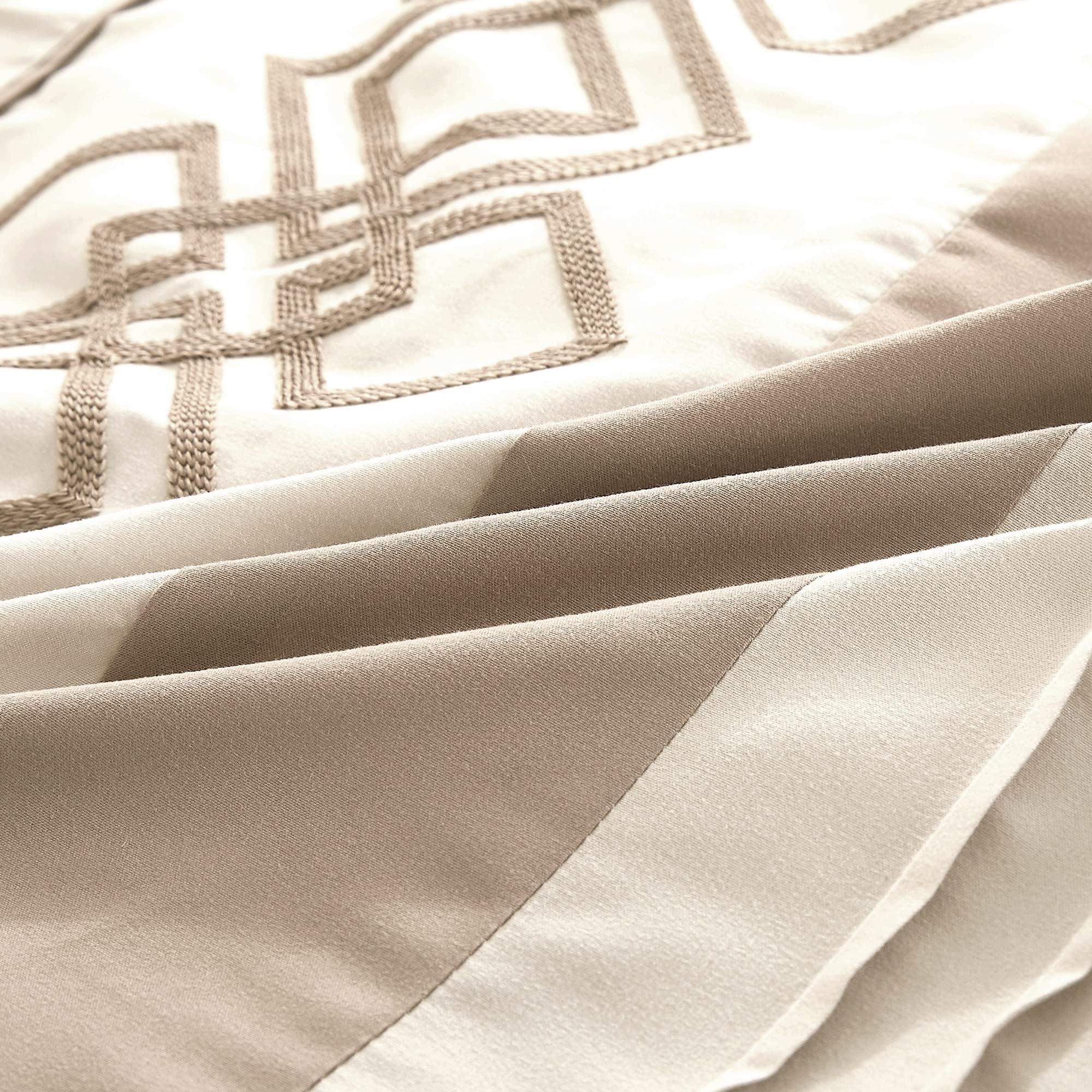 Chezmoi Collection Ariel 7-Piece Taupe Geometric Chenille Embroidery Pleated Striped Comforter Bedding Set Queen Size - Soft Luxury Bedroom Decor for Modern Homes & Guest Rooms