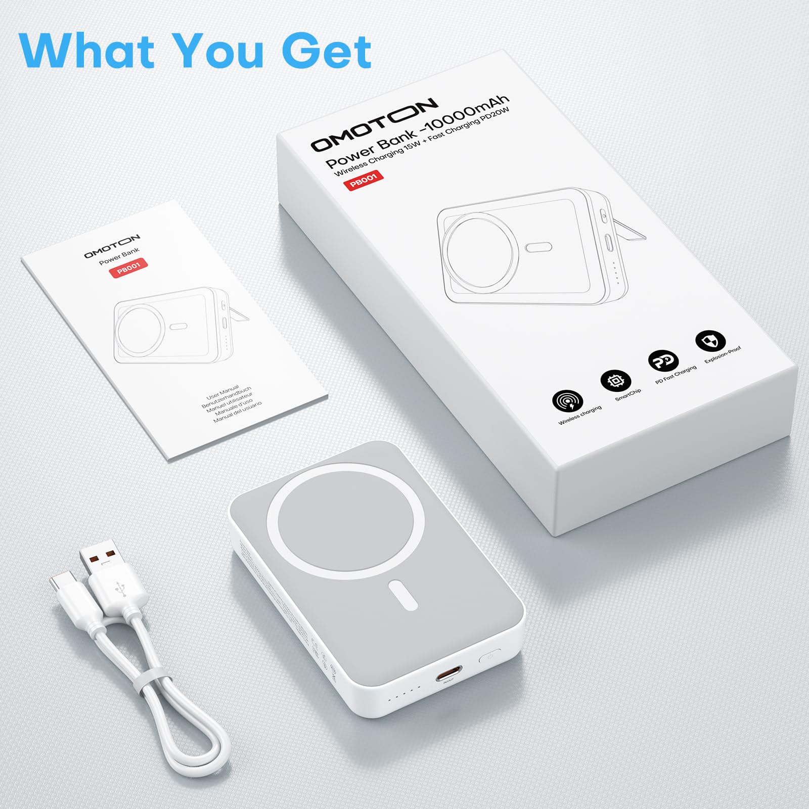 OMOTON 10000mAh Magnetic Wireless Power Bank - Fast Charging Portable Charger for iPhone 15/14/13/12/11 Series with LED Display & Foldable Stand | Perfect for Travel, Work & Outdoor Activities (Gray White)