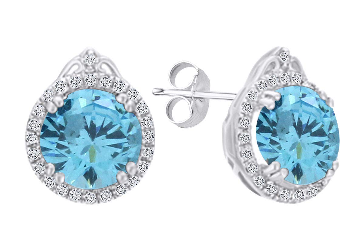 14k Gold Over Sterling Silver Simulated Blue Topaz & Natural Diamond Halo Stud Earrings - Perfect Christmas Jewelry Gift for Women, Bridesmaids & Holiday Parties