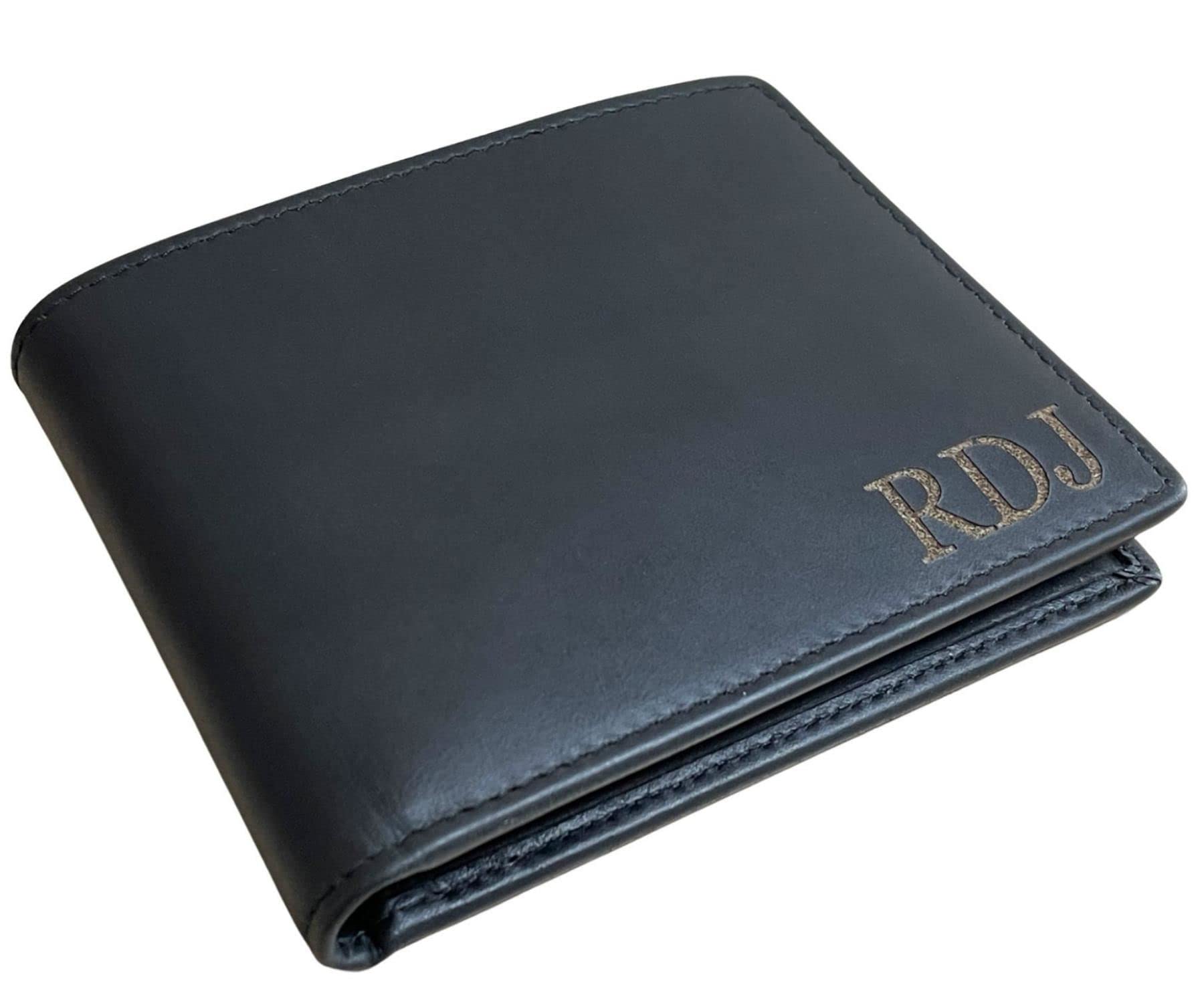 Premium RFID Blocking Genuine Leather Wallet for Men - Personalized Bifold Wallet with ID Window, Engraved Real Leather Gift Box (Black) | Ideal for Everyday Use, Travel & Business Gifts