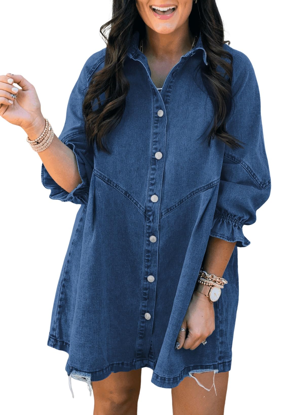 Sidefeel Women's Smocked 3/4 Sleeve Button Down Denim Jean Dress - Casual Summer Outfit for Brunch, Shopping & Date Night