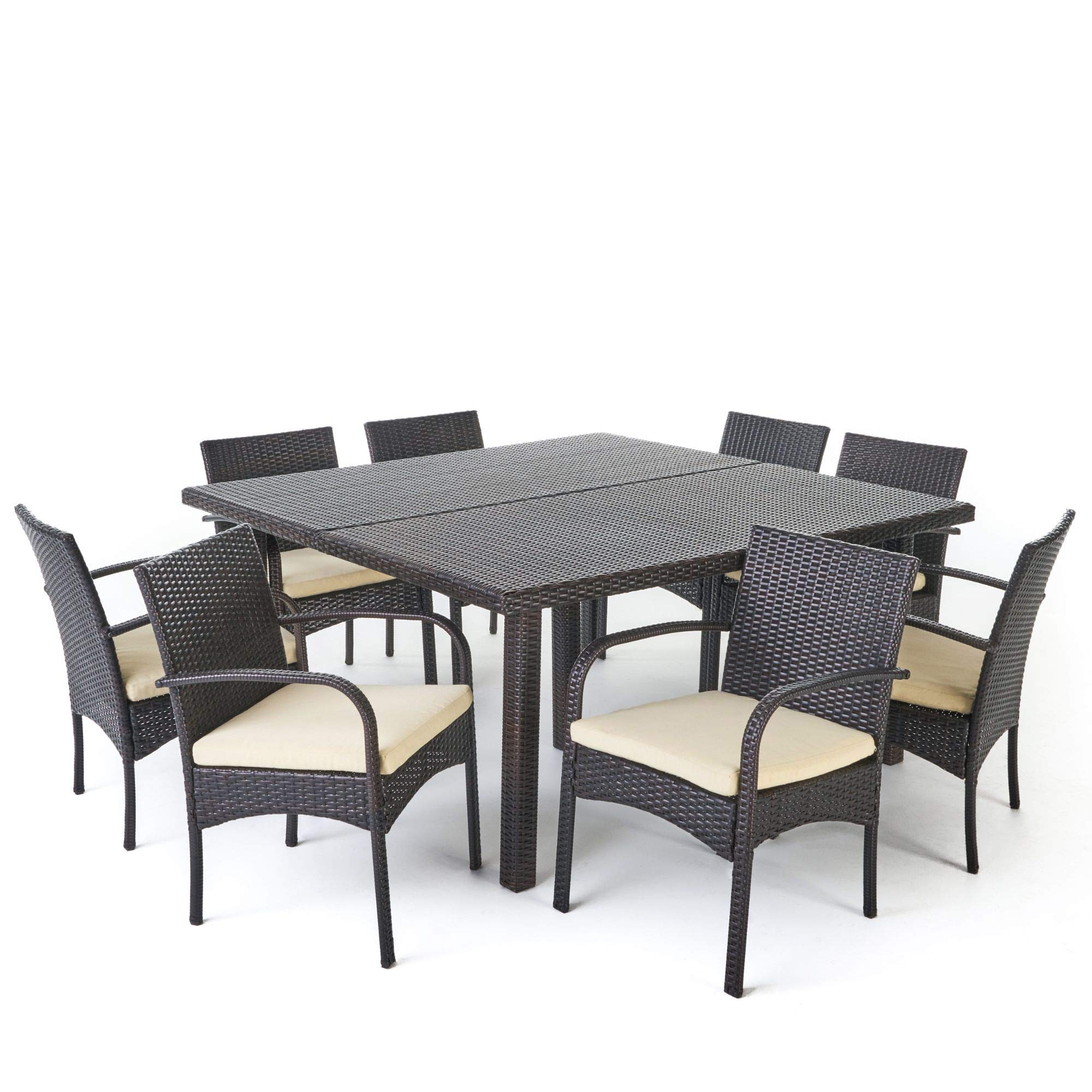 9-Piece Brown Wicker Outdoor Patio Dining Set with Cream White Cushions - Contemporary Rattan Furniture for Garden, Poolside & Backyard Entertaining