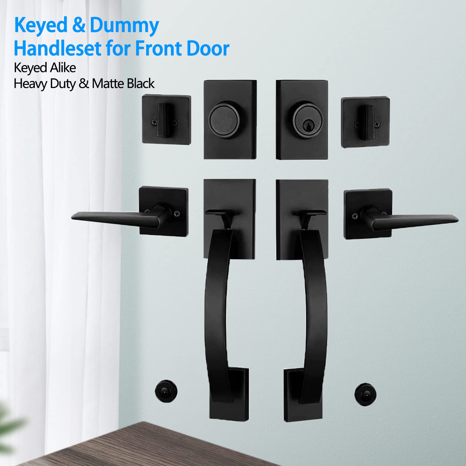 NEWBANG Matte Black Exterior Double Door Lever Handleset - Solid Brass Keyed & Dummy Door Lock Set (MDHST2017DB-SET-BR) for Home Entry, Patio & Security Doors