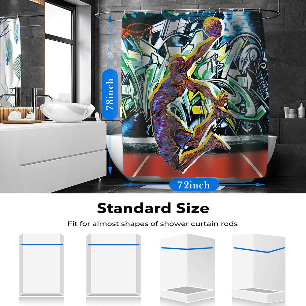 Basketball Shower Curtain - Sports Graffiti Design with High Contrast Silhouette of Dunking Athlete - 72x78 Inch Bathroom Decor for Boys, Teens & Sports Fans - Perfect for Game Room or Basketball Themed Bathroom