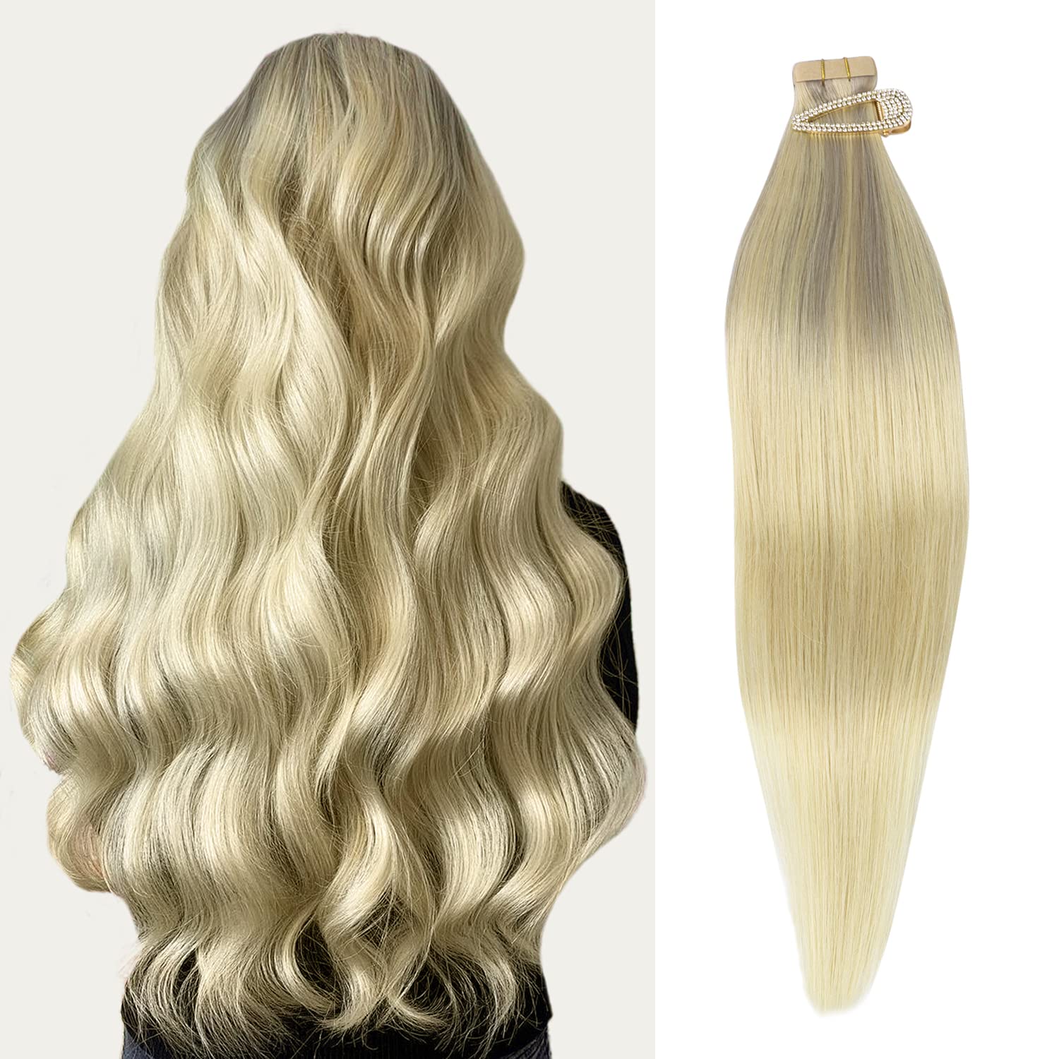 Marat 20-Inch Tape in Hair Extensions - Ash Blonde, Golden Blonde & Platinum Blonde | 50g Real Human Hair | Natural Straight Tape-Ins for Volume & Length | Perfect for Weddings, Parties & Daily Styling