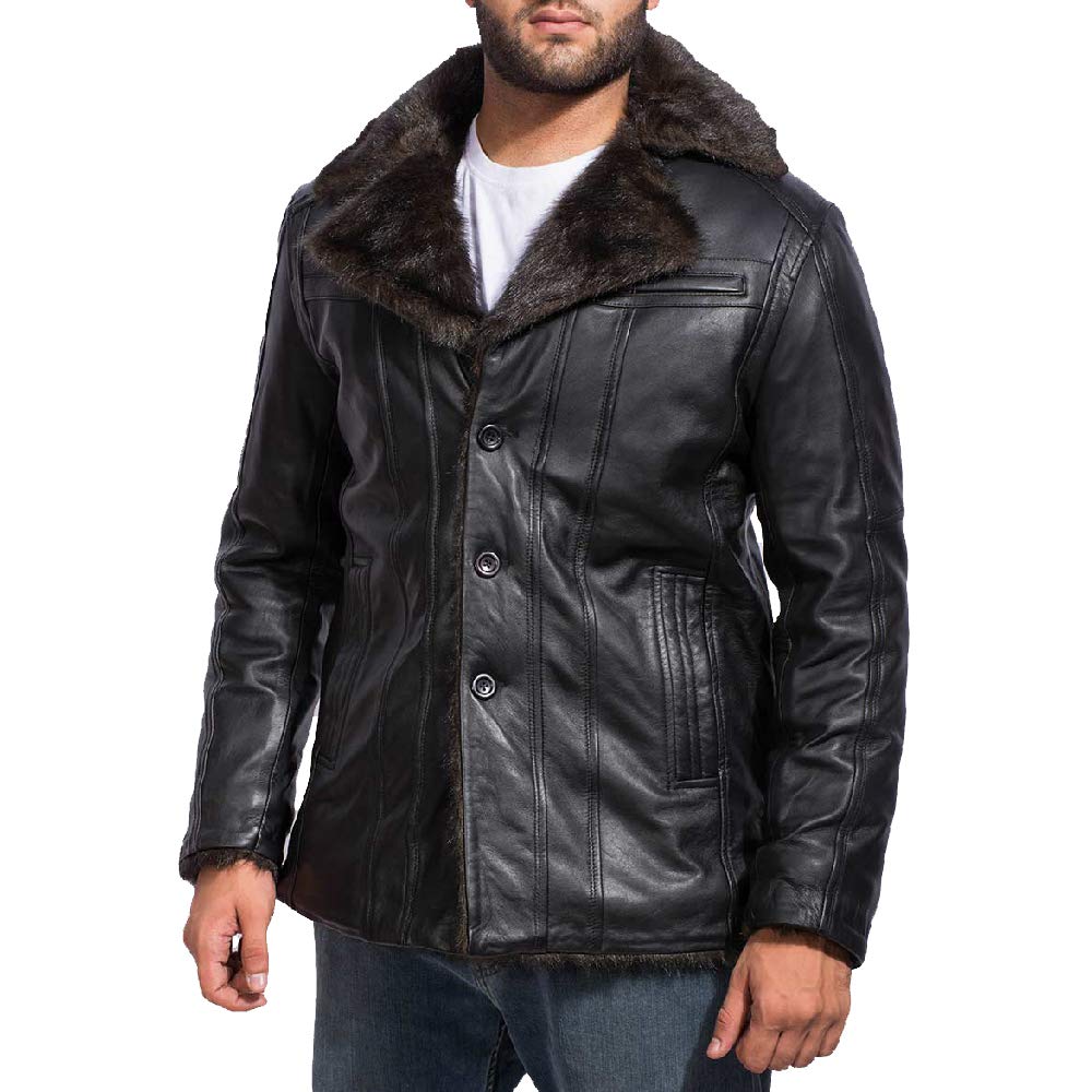 The Jacket Maker Furcliff Men's Black Leather Faux Fur Coat | Warm Sheepskin Style Winter Jacket for Men | Stylish Faux Fur Lined Coat for Cold Weather & Outdoor Activities