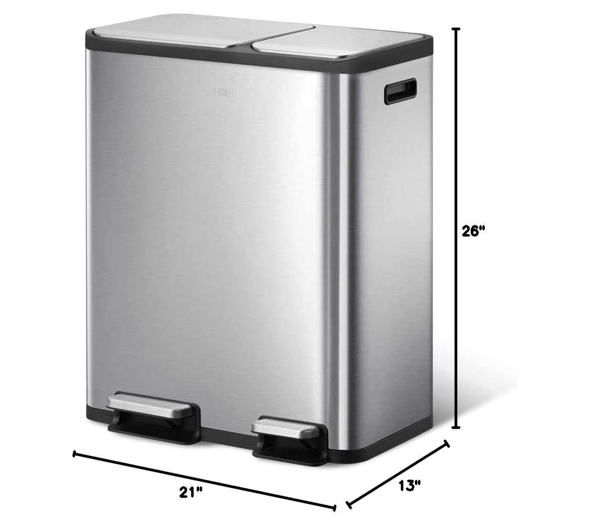 EKO EcoCasa 30L+20L Stainless Steel Dual Compartment Recycling Trash Can - Rectangular Kitchen Waste Bin with Independent Pedals & Soft-Close Lids, Fingerprint Resistant - Perfect for Eco-Friendly Homes, Office Break Rooms & Restaurant Kitchens