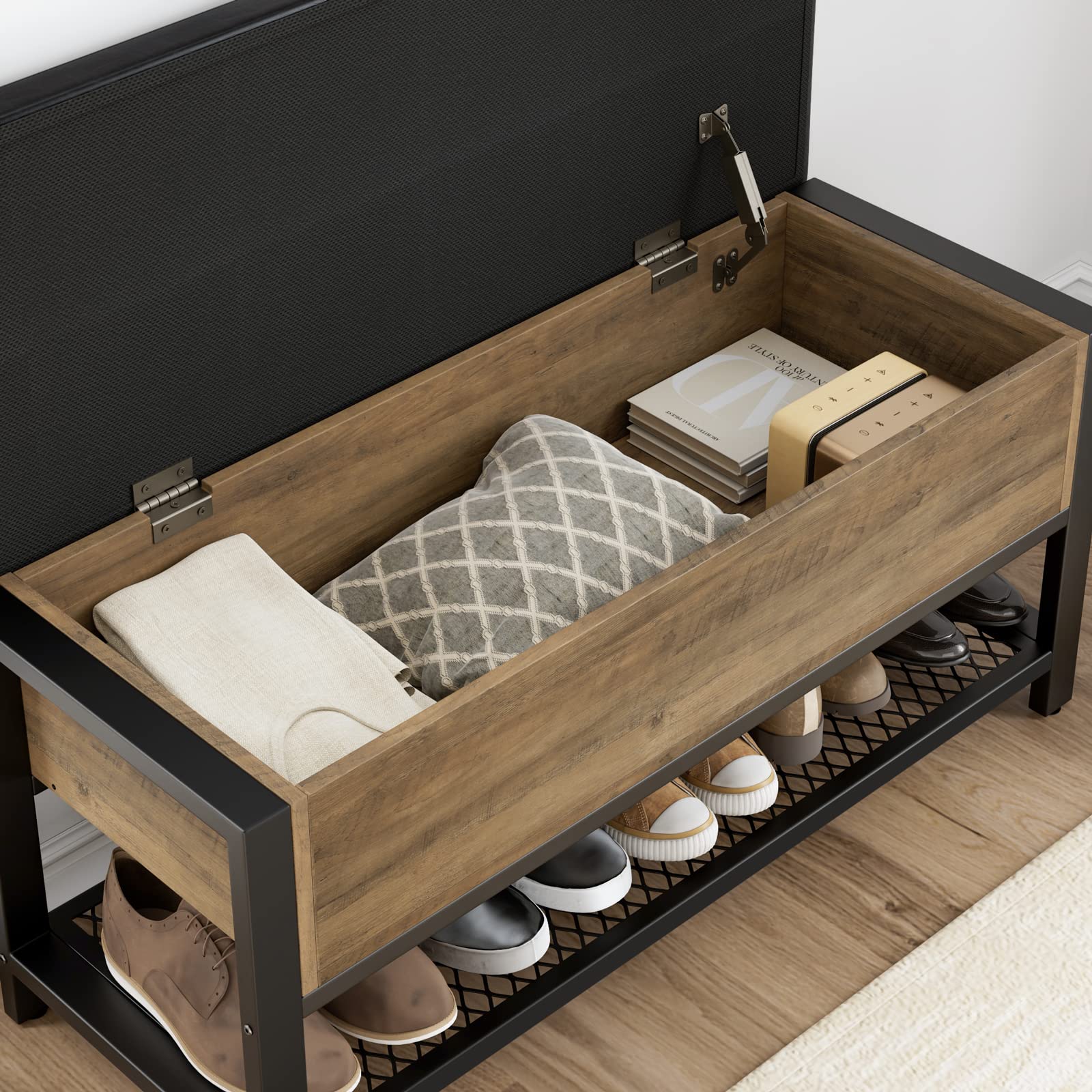 HOSTACK Storage Bench with Flip-Open Lid - Rustic Brown Entryway Shoe Bench, Bedroom Ottoman with Storage Shelf & Padded Seat - Perfect for Hallway, Living Room & Bed End Organization