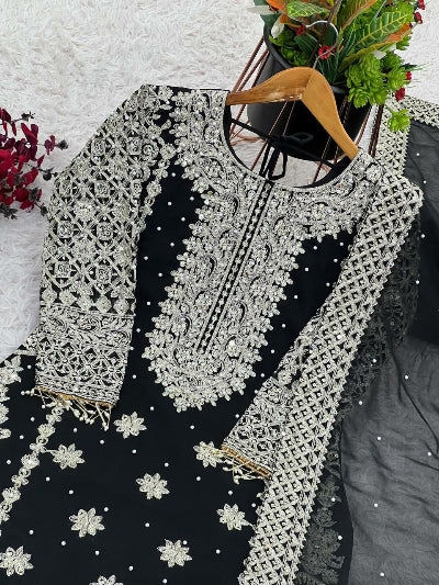 Midnight Black Georgette Sequins Moti Salwar Suit Set - Elegant Indian Ethnic Wear for Weddings & Festivals | Perfect for Diwali, Parties & Special Occasions