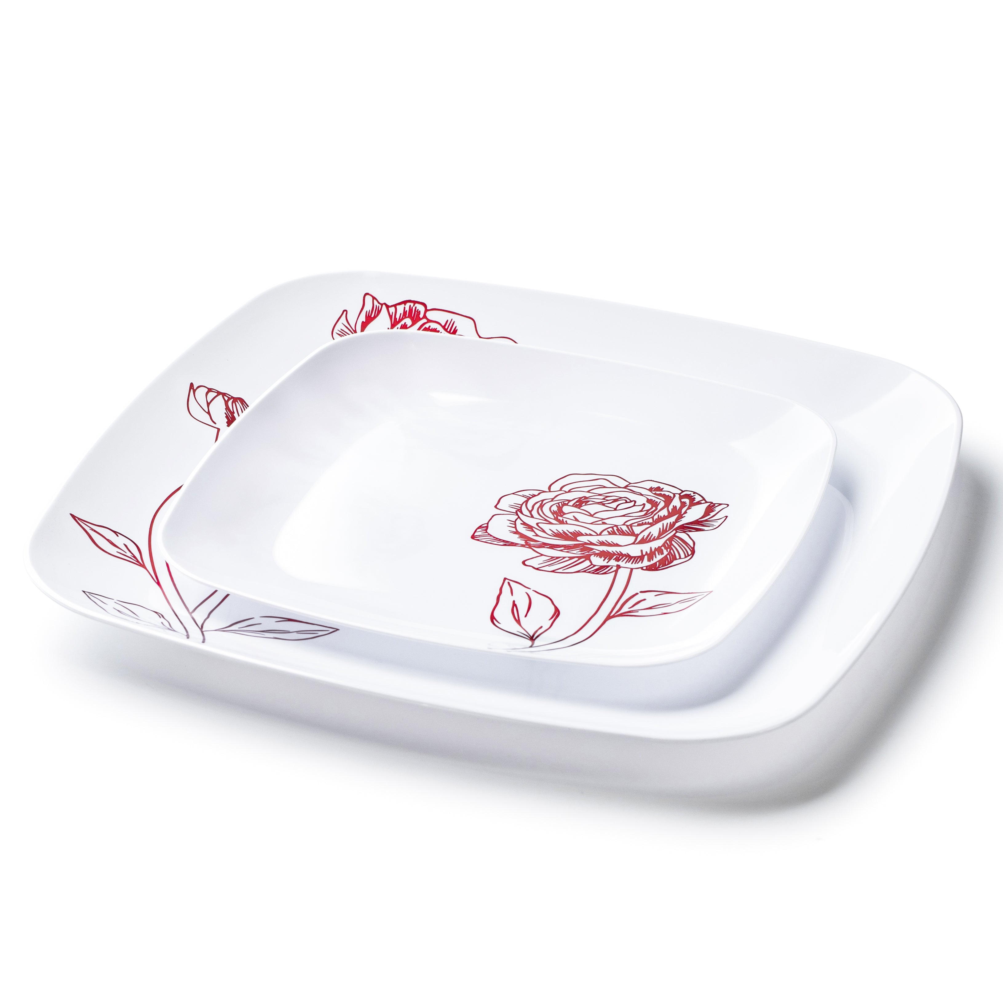 32-Piece White & Burgundy Square Plastic Dinnerware Set - 16 Place Settings - Durable Melamine Plates, Bowls & Cups - Perfect for Outdoor Picnics, BBQs, Parties & Casual Dining