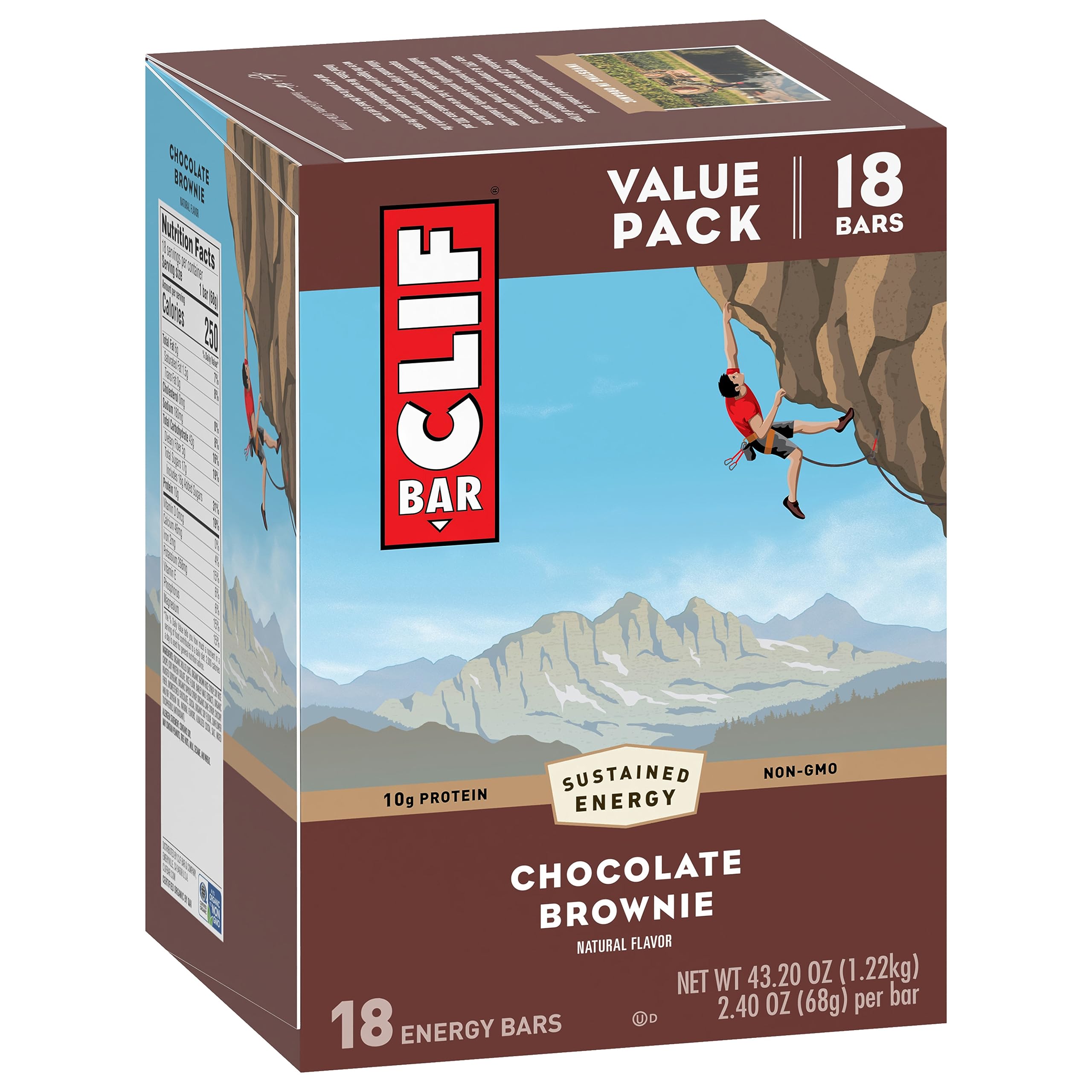Clif Bar Chocolate Brownie - 10g Protein Energy Bar - Organic Oats - for Hiking & Workouts