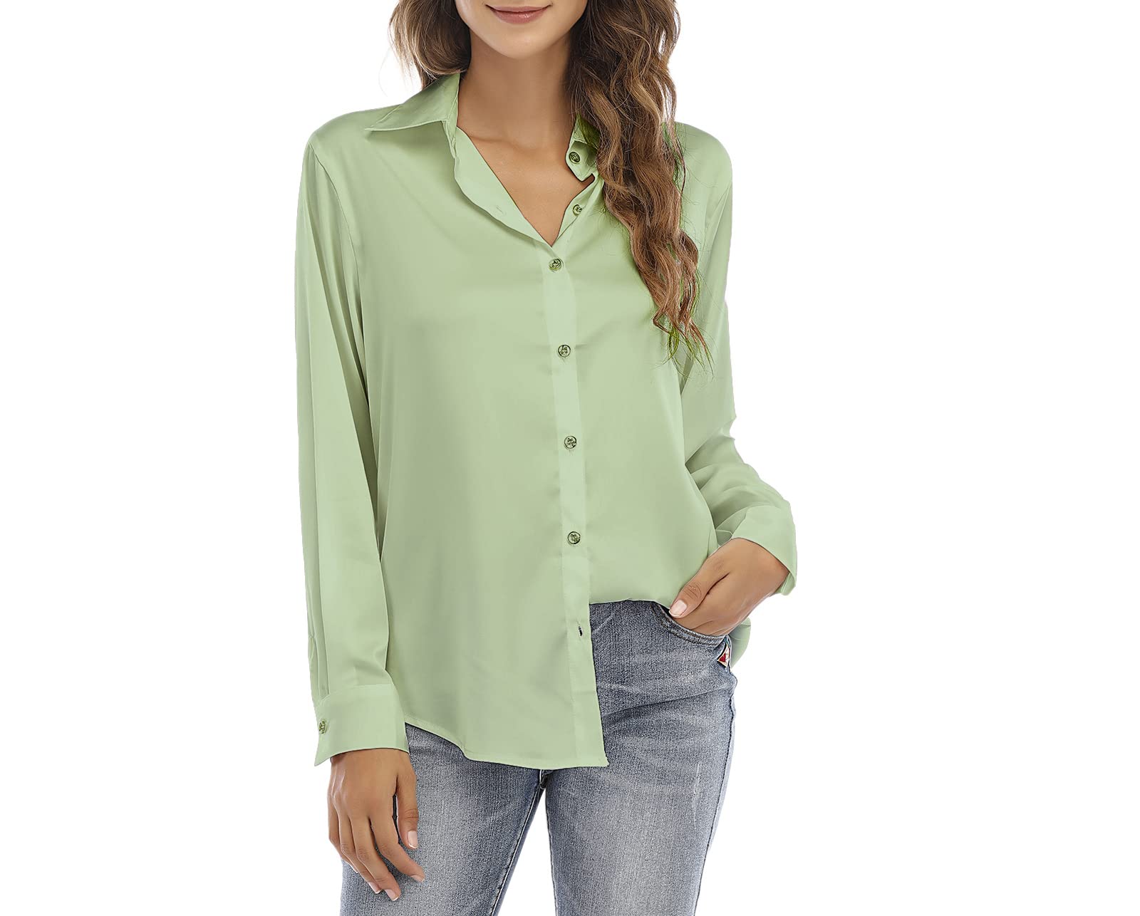 Women's Satin Silk Button Down Blouse - Long Sleeve Loose Fit Casual & Business Tops for Office, Dating & Everyday Wear
