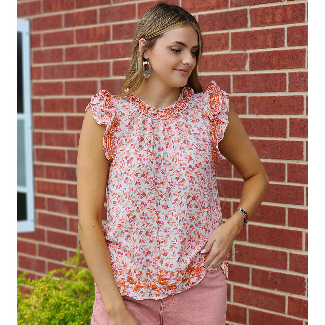 Andree Women's Pink & Orange Ruffle Blouse - Elegant Floral Print Summer Top for Casual Wear, Office & Date Night Outfits