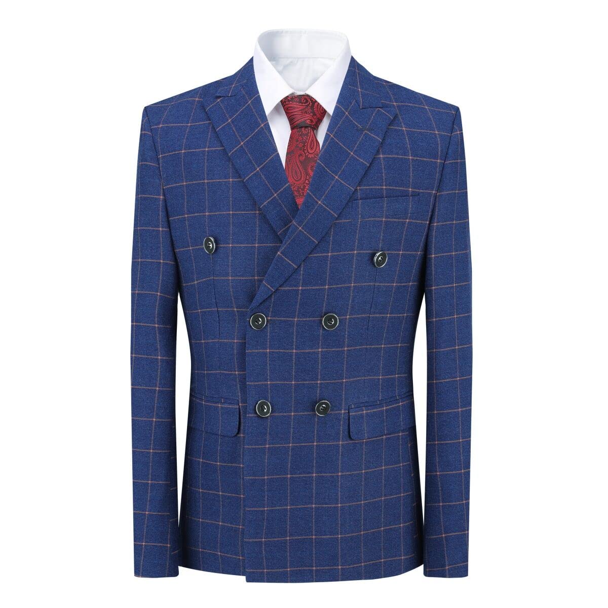 Men's Blue Slim Fit 3-Piece Checked Suit - Double Breasted Vintage Style Business Formal Attire for Weddings, Parties & Office Meetings