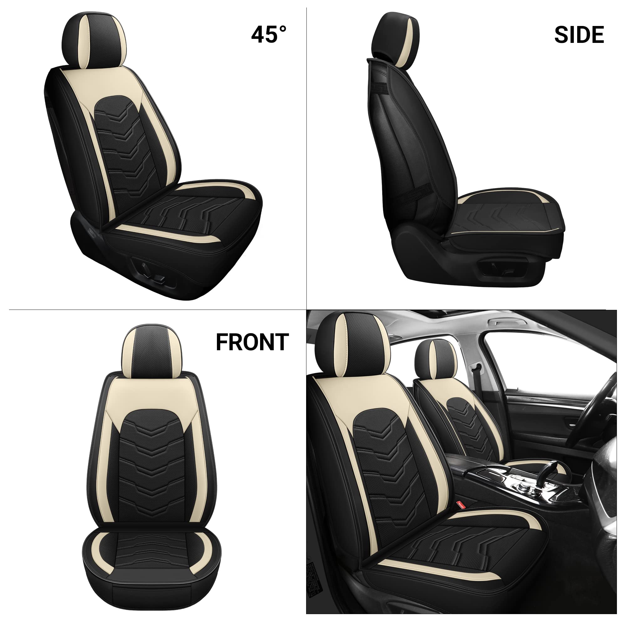 Premium 5-Piece AOOG Leather Car Seat Covers Set - Breathable Faux Leatherette, Non-Slip Waterproof Seat Protectors for Sedans, SUVs & Trucks | Airbag Compatible Beige & Black | Perfect for Daily Commute, Road Trips & Family Travel