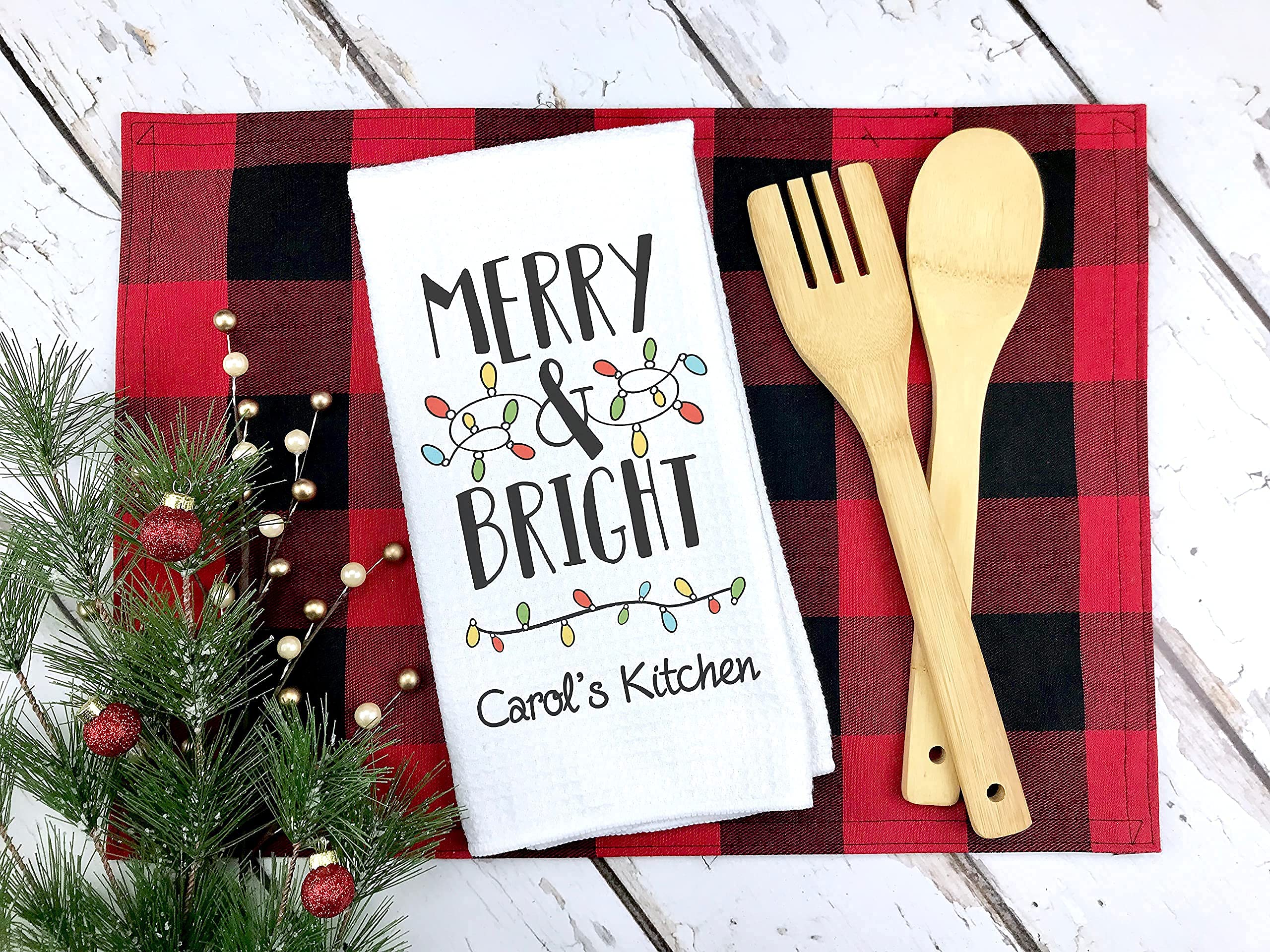 Custom Merry and Bright Christmas Dish Towel - Personalized Holiday Kitchen Towel Set | Housewarming & Christmas Gift for Women | Absorbent Cotton Towels for Baking, Cooking & Decor | Festive Holiday Home Decor