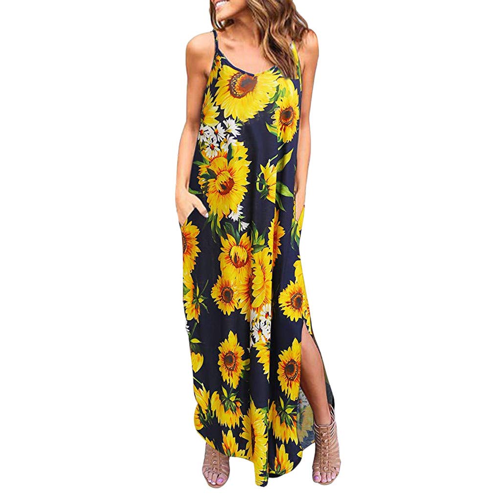 Women's Floral Maxi Dress with Pockets - Summer Casual Loose Beach Cover Up, Party & Vacation Long Cami Dress for Outdoor Events, Beach Trips and Date Nights
