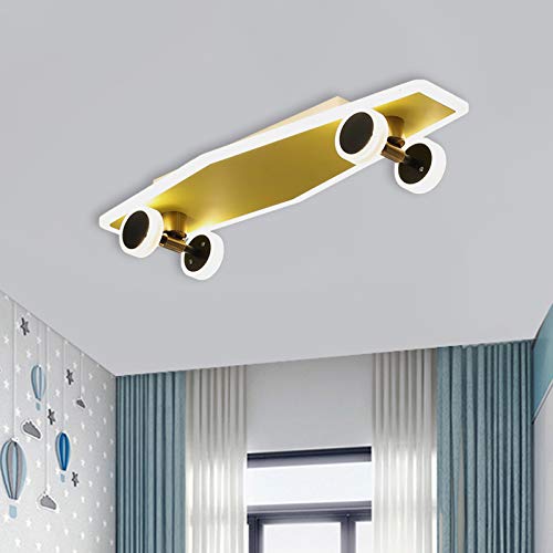 LITFAD Gold Skateboard Ceiling Light Fixture - Modern LED Flush Mount Lighting for Kids Room, Boys Bedroom & Nursery - Durable Iron Construction with Integrated LED - Perfect for Skateboard-Themed Decor & Children's Spaces