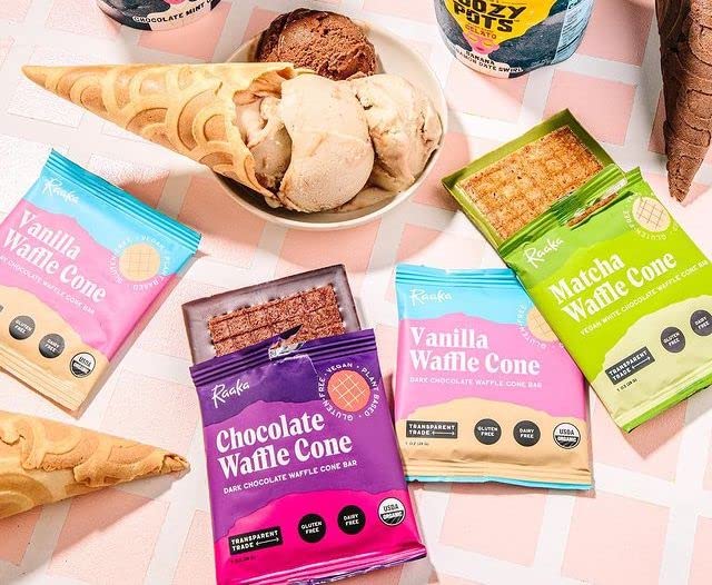 Raaka Organic Vegan Dark Chocolate Waffle Cone Bar - Fair Trade, Non-GMO, Gluten-Free, Kosher, Soy-Free Bean-to-Bar Gourmet Chocolate (10-Pack, 1.0 oz Bars) - Perfect for Gifts, Dessert Toppings & Healthy Snacking