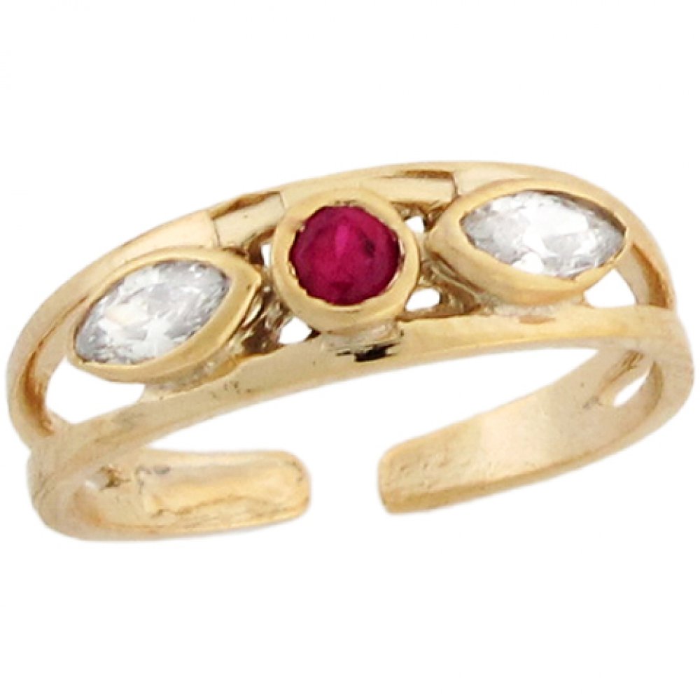 10K Yellow Gold Ruby Red CZ Toe Ring for Women - Elegant Designer Jewelry for Beach, Summer & Pedicure Occasions