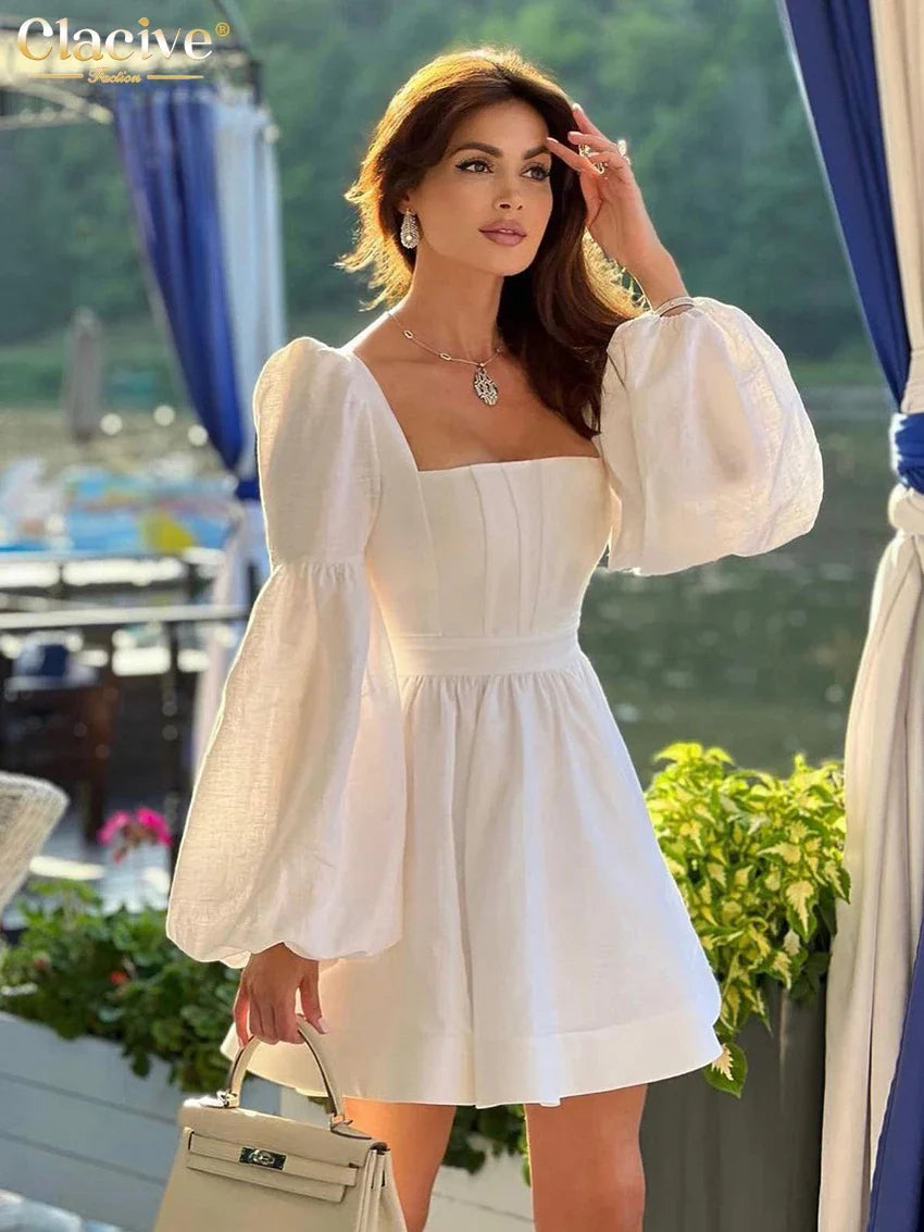 Clacive Sexy Slim White Cotton Mini Dress for Women - Square Collar, Puff Sleeve, High Waist Elegant Summer Dress 2024 | Perfect for Date Night, Cocktail Parties & Beach Vacations