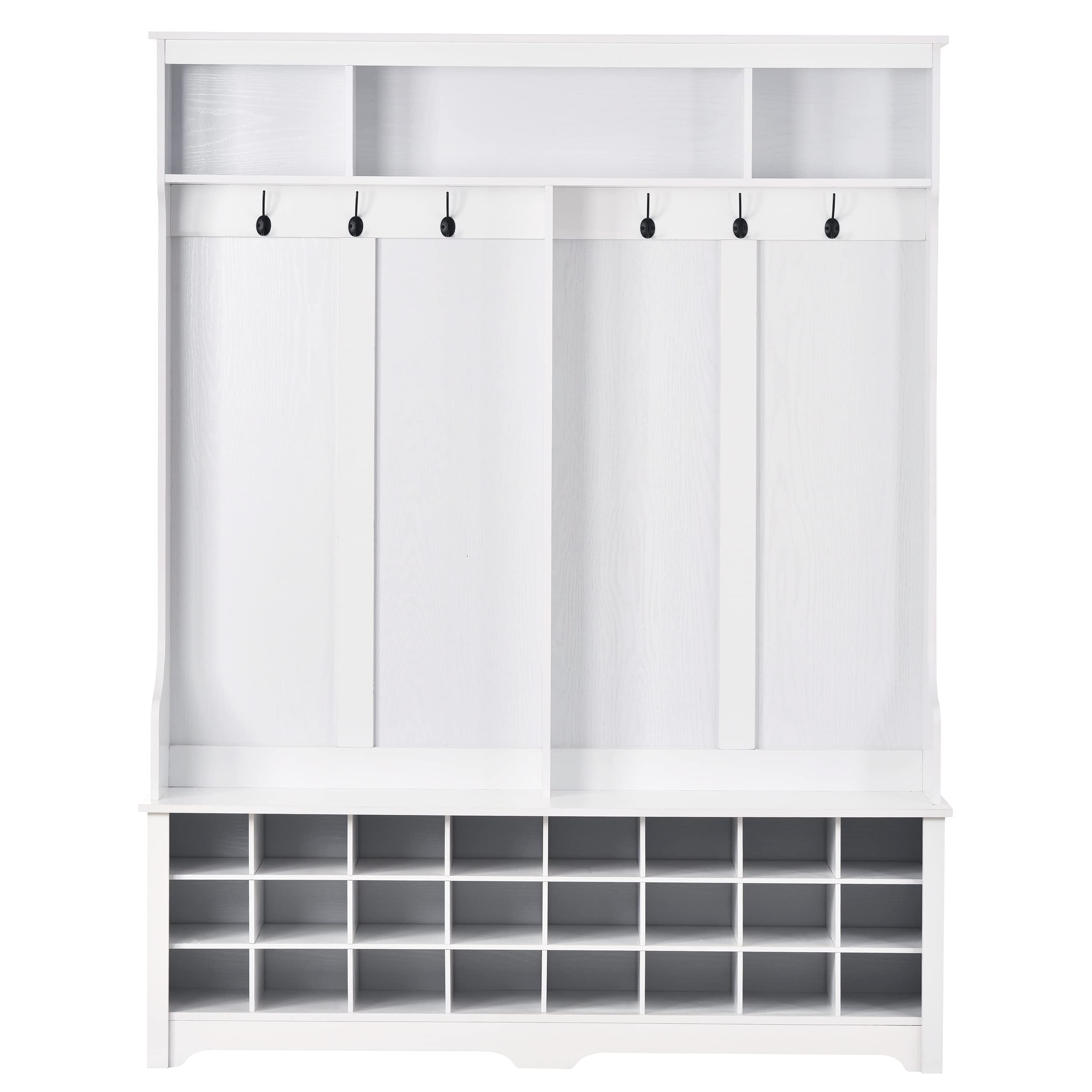 **24-Cube Hall Tree with Shoe Storage & 6 Hooks - Large Entryway Bench with 3 Shelves for Coats, Shoes & Organizing - Perfect for Foyers, Mudrooms & Small Spaces (White)**