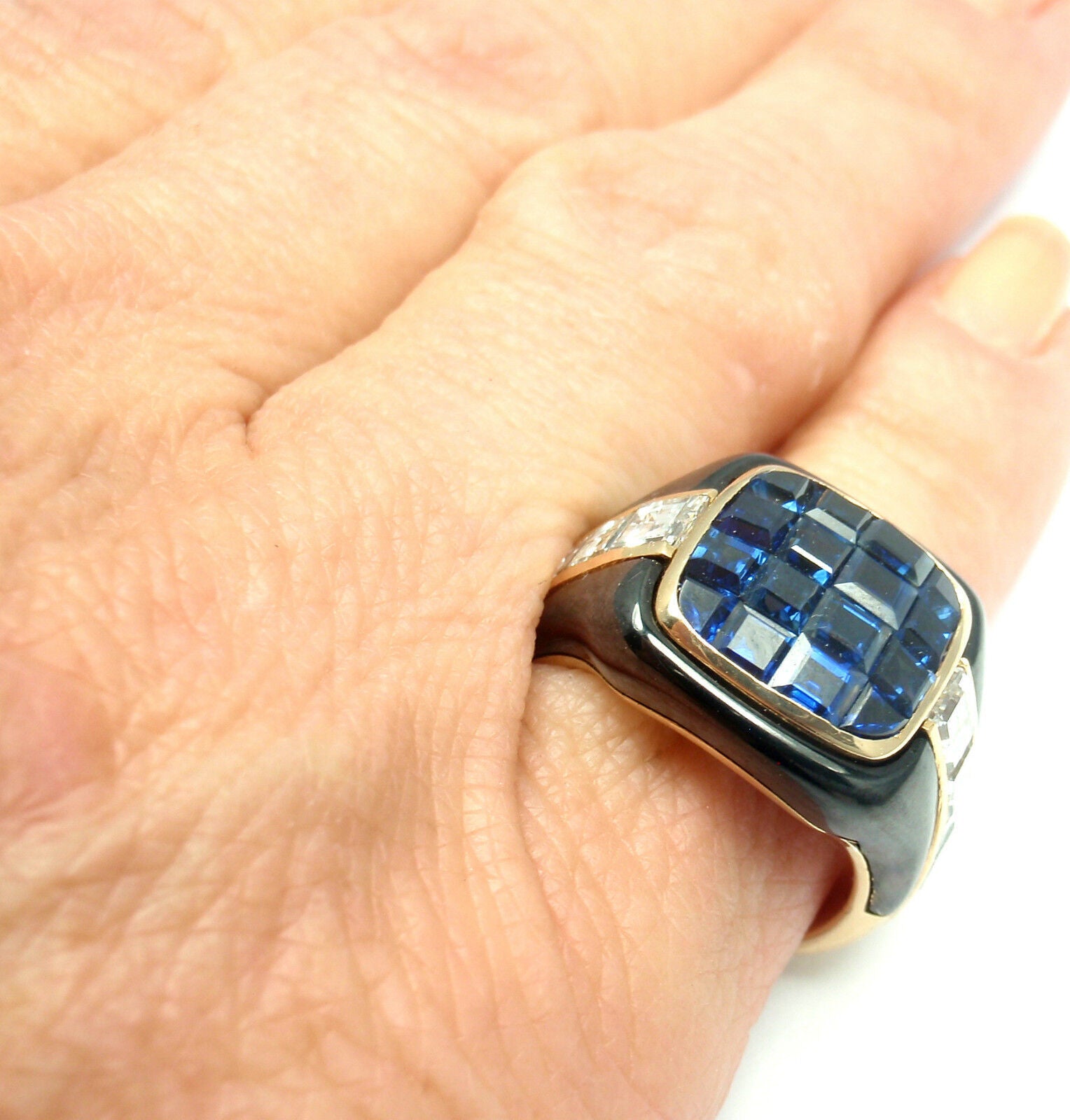 Authentic Piaget 18k Yellow Gold Diamond Invisible Set Sapphire Enamel Ring | Luxury Jewelry for Weddings, Anniversaries & Special Occasions