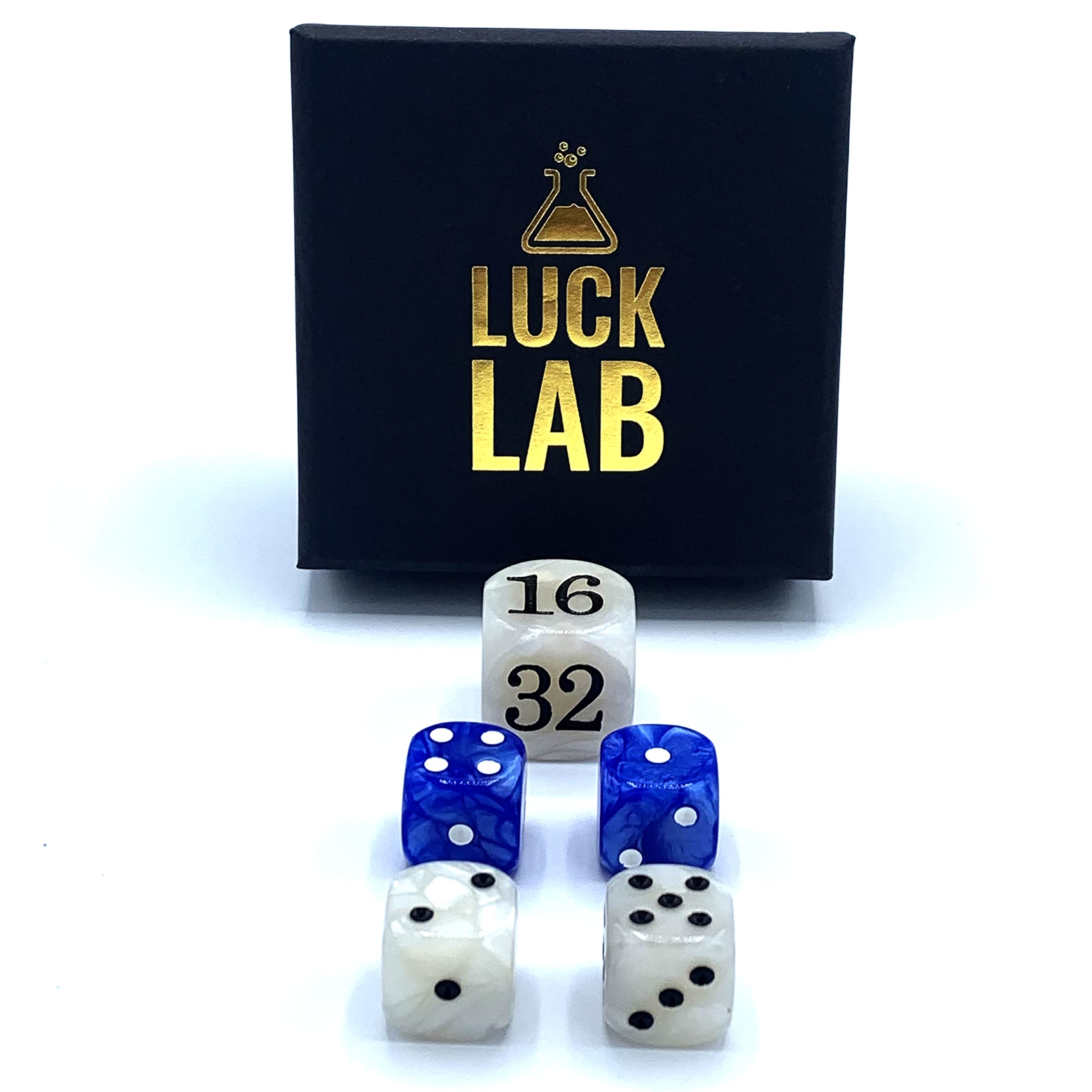 Luck Lab Backgammon Pearl Dice Set - 22mm Doubling Cube & 4x16mm Dice with Bonus Storage Bag | Blue/White Marble Design | Perfect for Board Games, Travel & Gifts