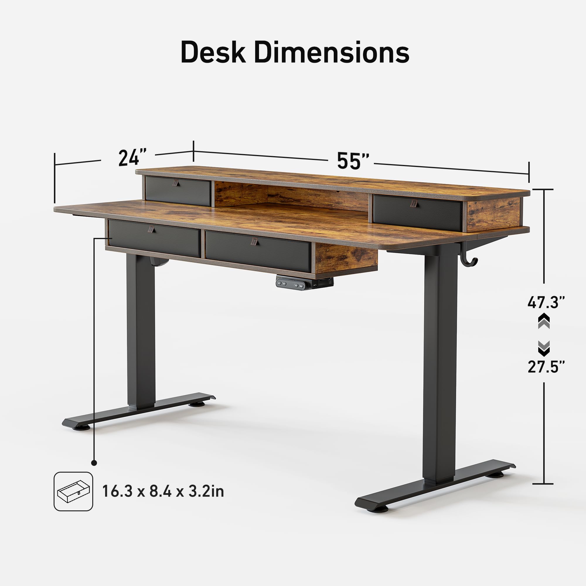 FEZIBO 55 Inch Electric Standing Desk with 4 Drawers & Storage Shelf - Adjustable Height Sit Stand Desk, Rustic Brown Top & Black Frame - Perfect for Home Office, Gaming & Workspace Ergonomics