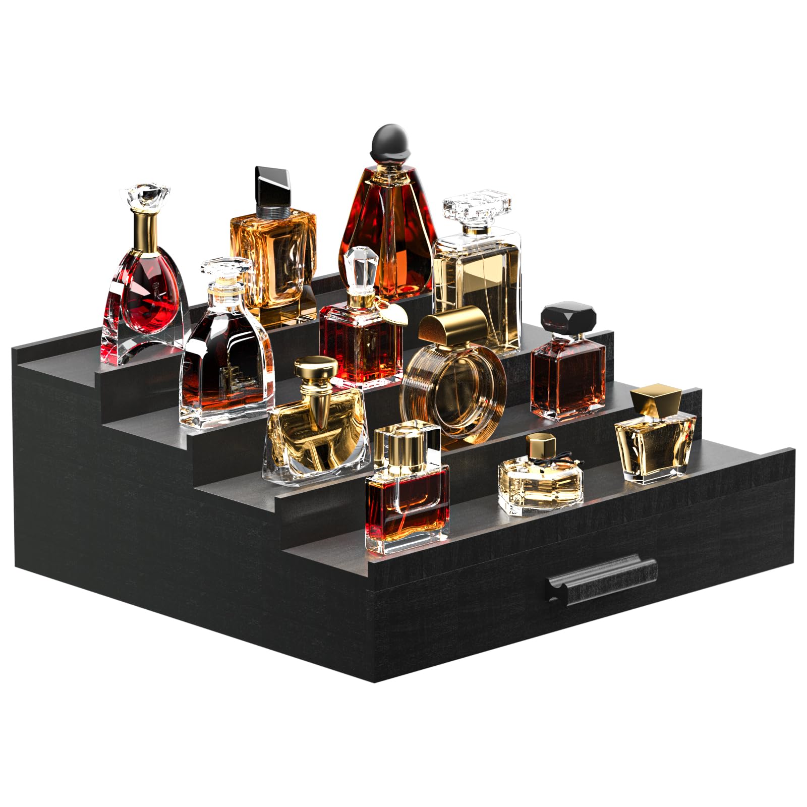 4-Tier Wooden Cologne Organizer for Men with Drawer Storage - Elevated Perfume Display Stand & Storage Riser - Perfect for Dresser, Bathroom, or Vanity - Great Gift Idea (Black)