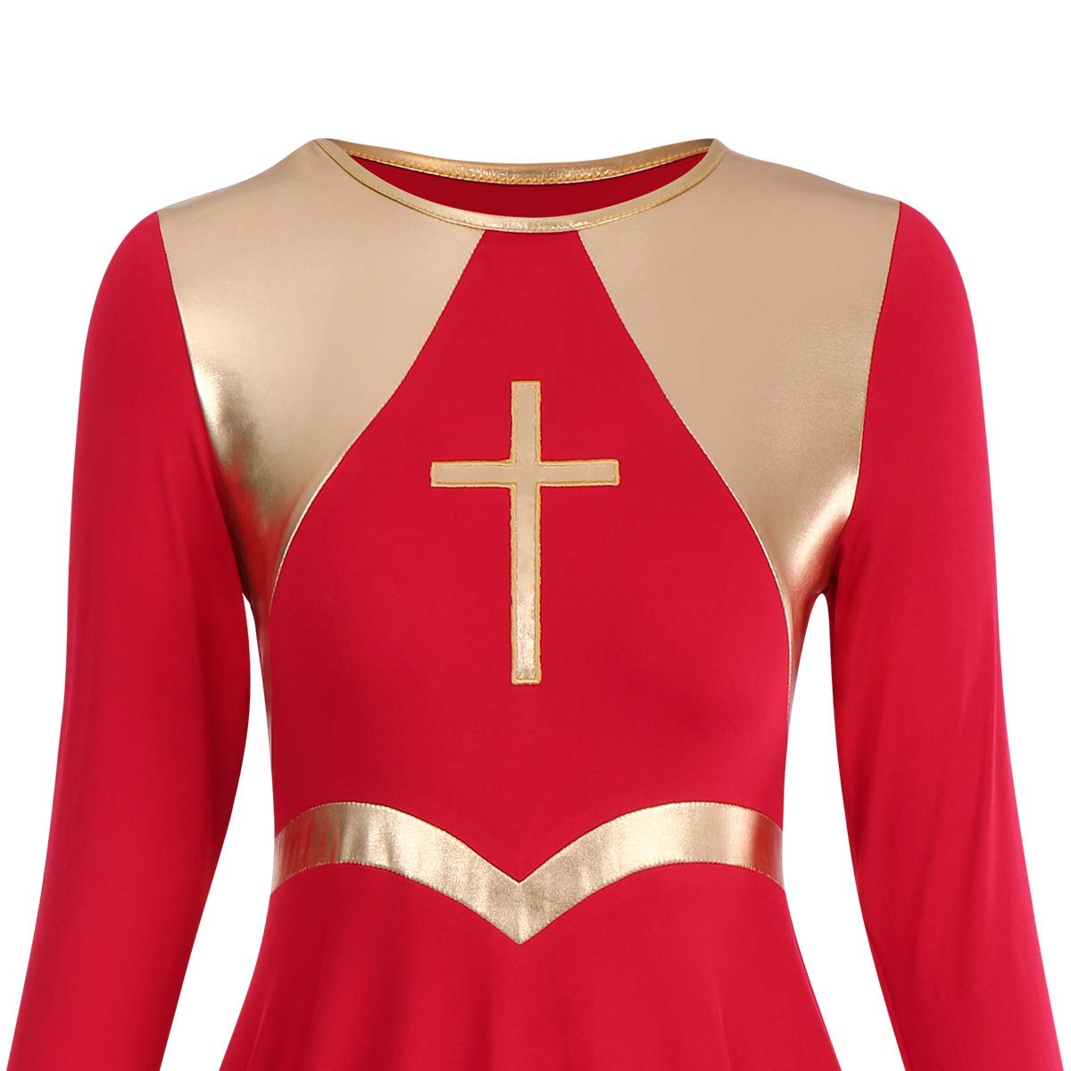 Women's Metallic Cross Praise Dance Dress - Liturgical Worship Long Sleeve Flowing Gown for Church Performances & Spiritual Celebrations