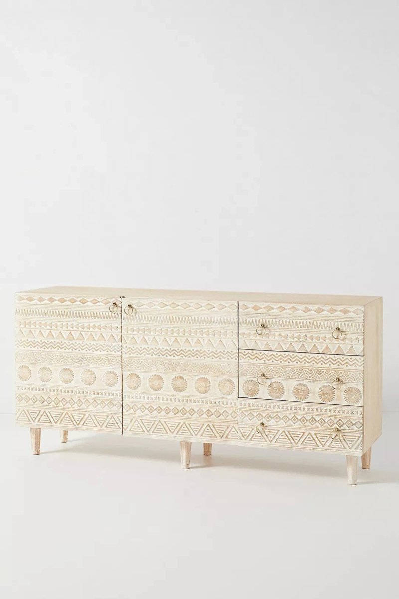 Hand Carved Wooden Sideboard Buffet Cabinet - 2 Doors & 3 Drawers - Rustic Dining Room Storage Furniture for Home Decor & Entertaining