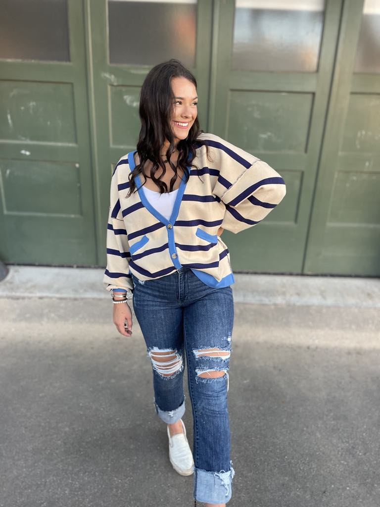 PREORDER: Navy Stripe Contrast Trim Cardigan | Women's Knit Sweater | Perfect for Office Wear & Casual Outfits