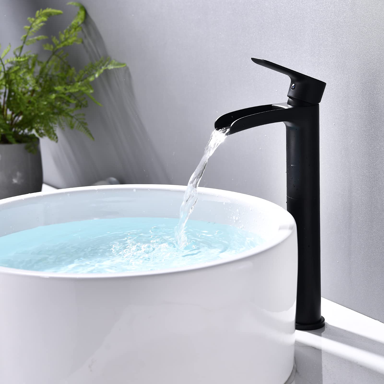 NEWATER Matte Black Vessel Sink Faucet - Tall Brass Waterfall Spout, Single Hole One Handle Bathroom Faucet with Supply Lines - Perfect for Modern Bathroom Vanity, Spa, and Commercial Restroom Sinks